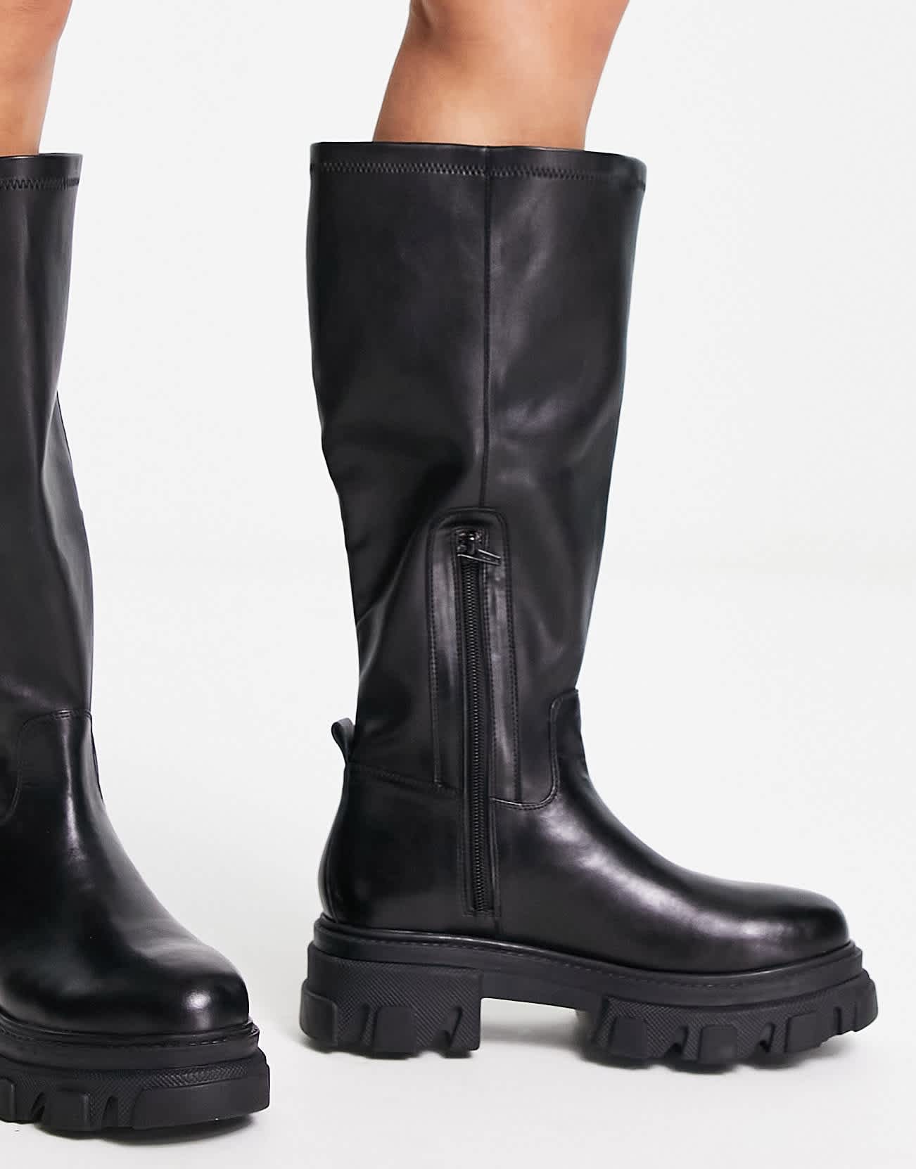 Simply Be Wide Fit knee flat boot with cleated sole in black - ASOS Sample Sale