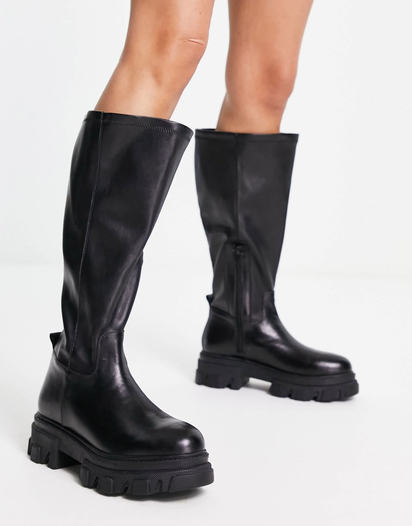 Simply Be Wide Fit knee flat boot with cleated sole in black - ASOS Sample Sale
