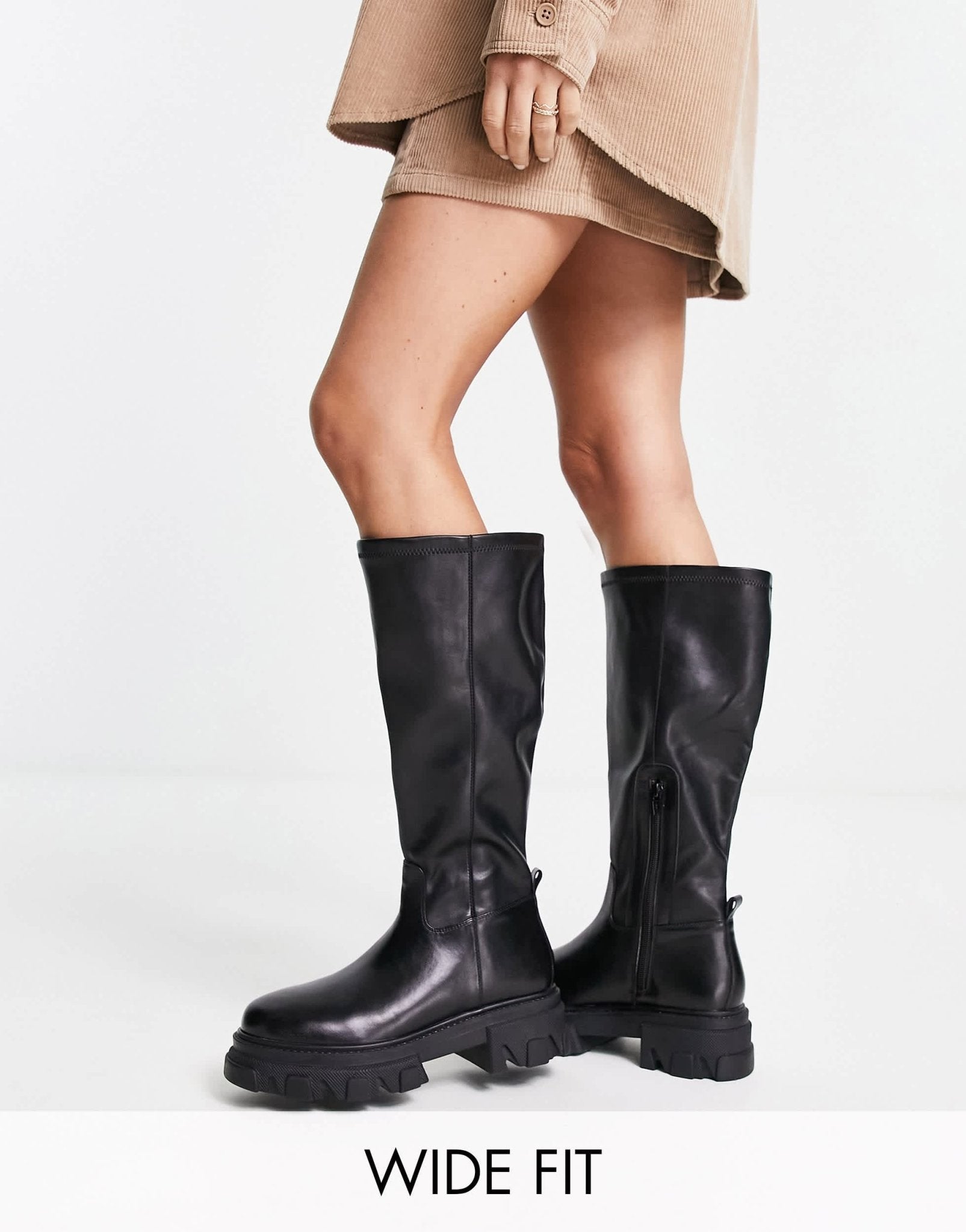Simply Be Wide Fit knee flat boot with cleated sole in black - ASOS Sample Sale