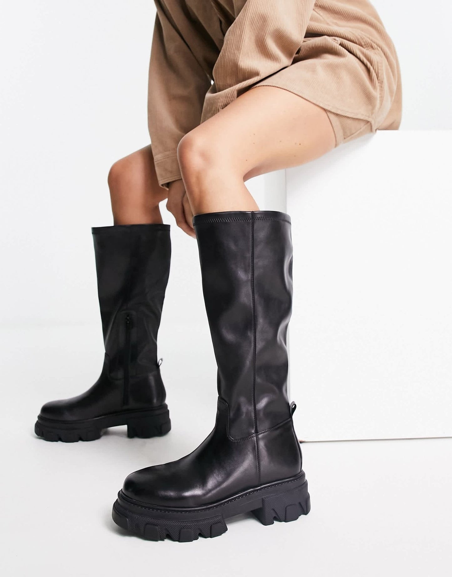 Simply Be Wide Fit knee flat boot with cleated sole in black - ASOS Sample Sale