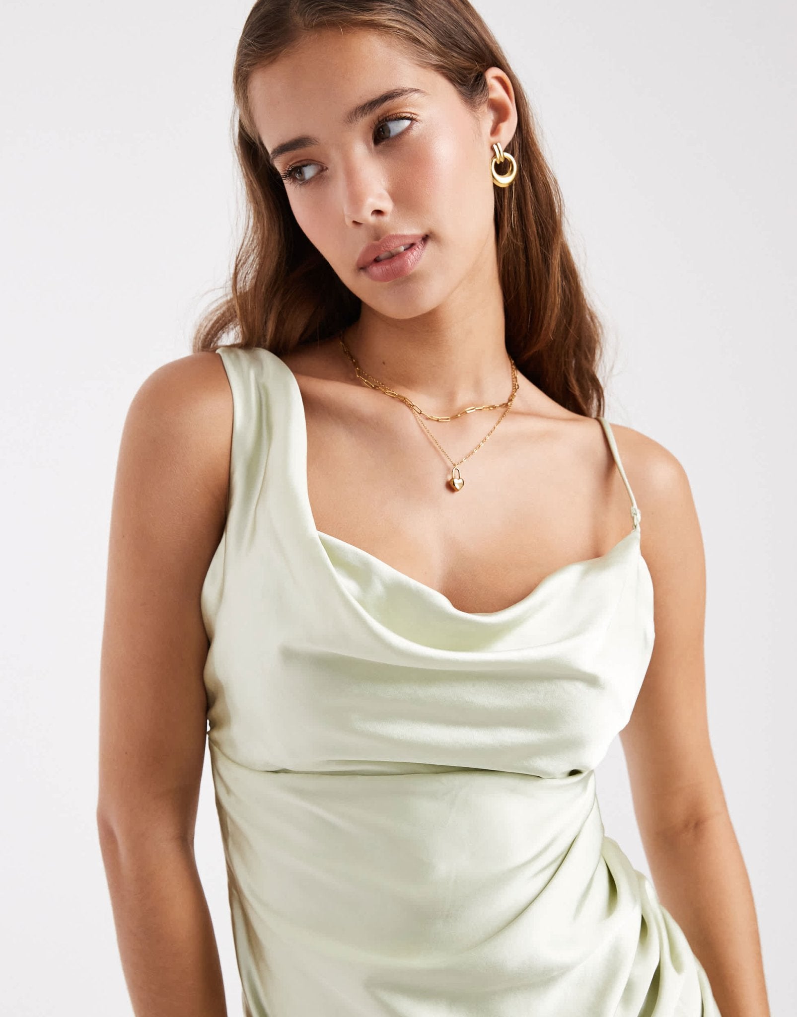 Six Stories Bridesmaid asymmetric cowl satin maxi dress in mint green - ASOS Sample Sale