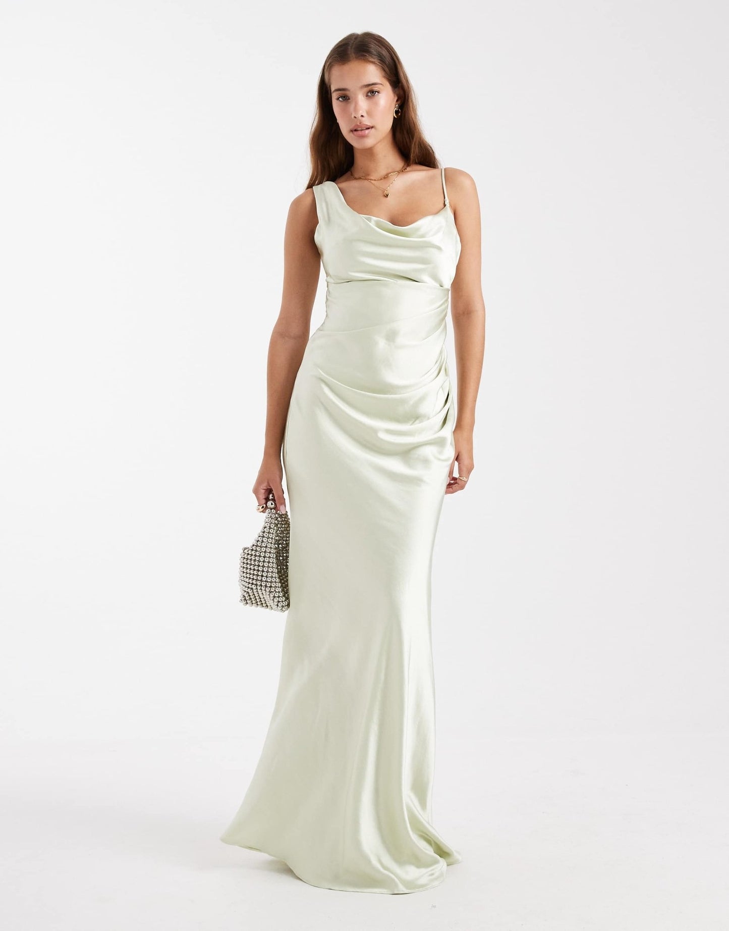 Six Stories Bridesmaid asymmetric cowl satin maxi dress in mint green - ASOS Sample Sale