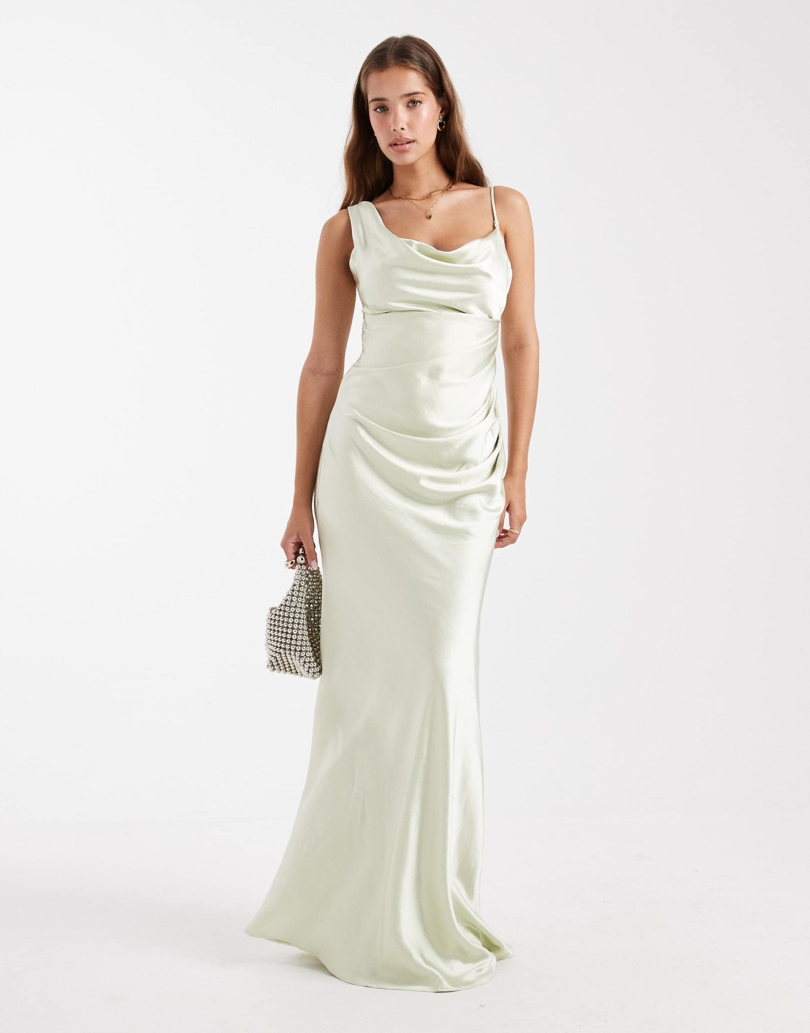 Six Stories Bridesmaid asymmetric cowl satin maxi dress in mint green - ASOS Sample Sale