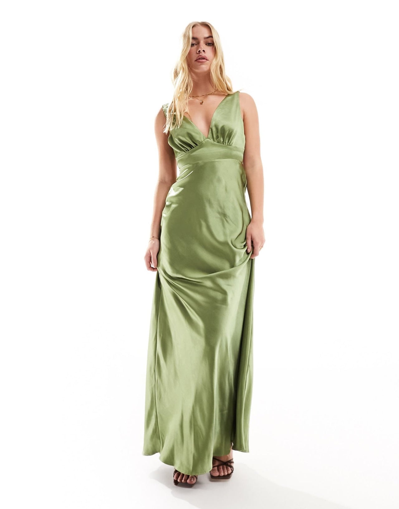 Six Stories Bridesmaid bow back satin maxi dress in moss green - ASOS Sample Sale