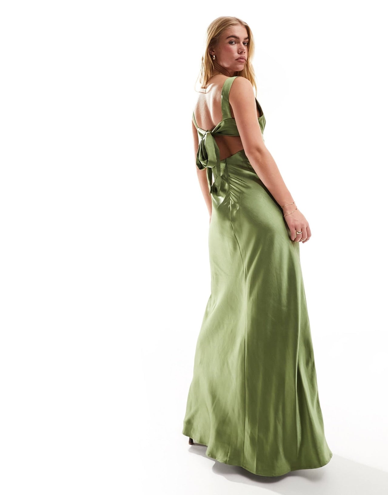 Six Stories Bridesmaid bow back satin maxi dress in moss green - ASOS Sample Sale