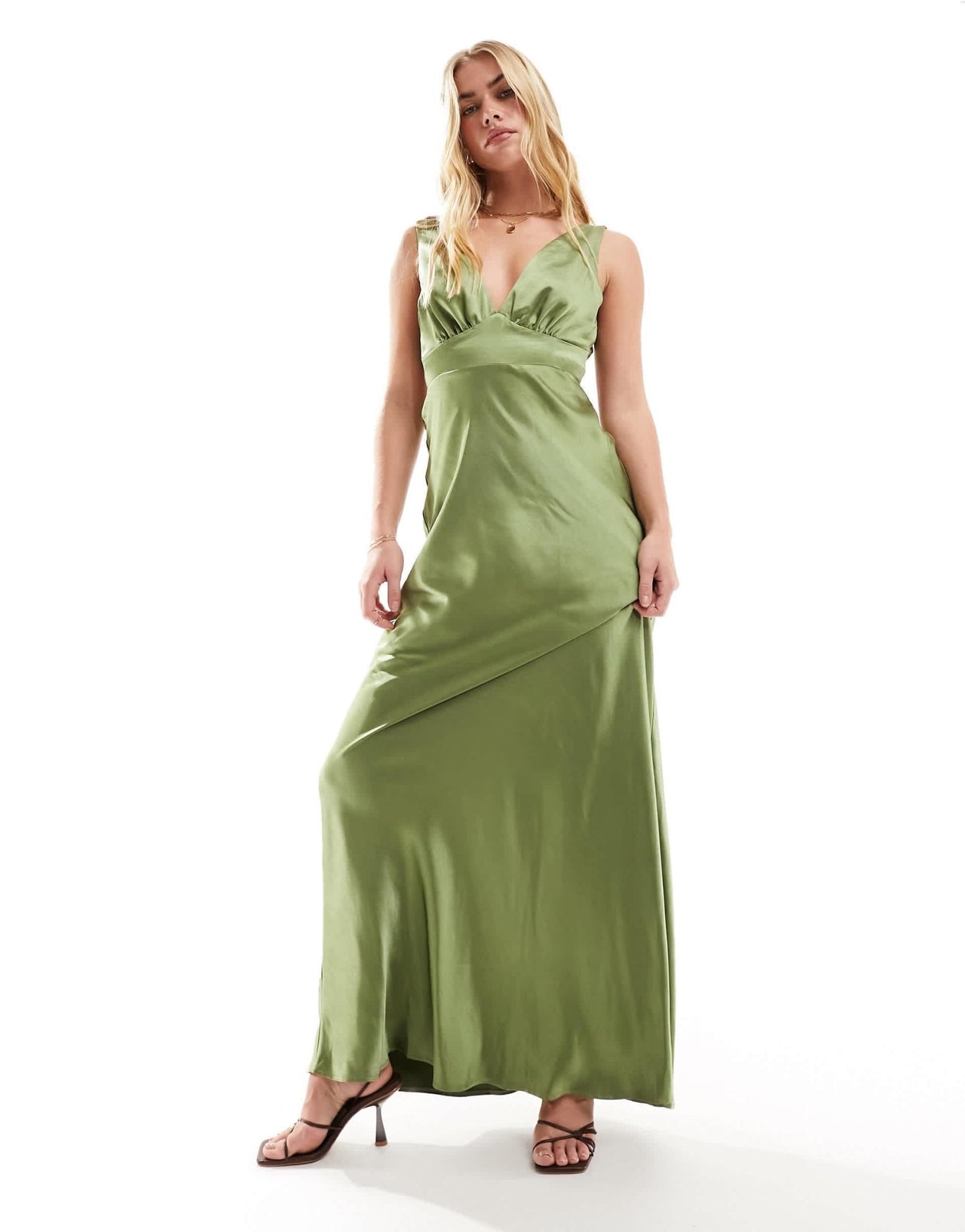 Six Stories Bridesmaid bow back satin maxi dress in moss green - ASOS Sample Sale