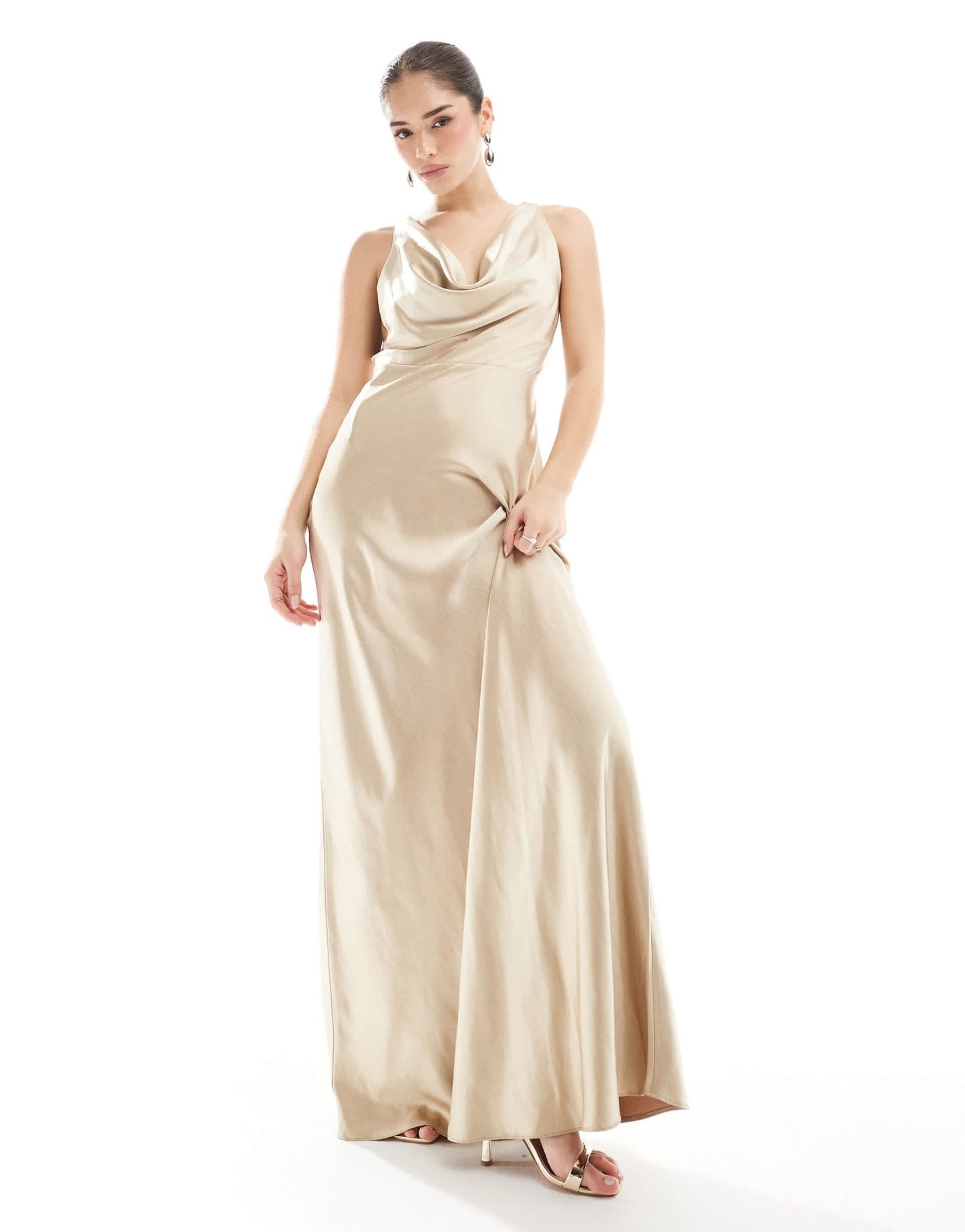 Six Stories Bridesmaid cowl front satin maxi dress in gold - ASOS Sample Sale