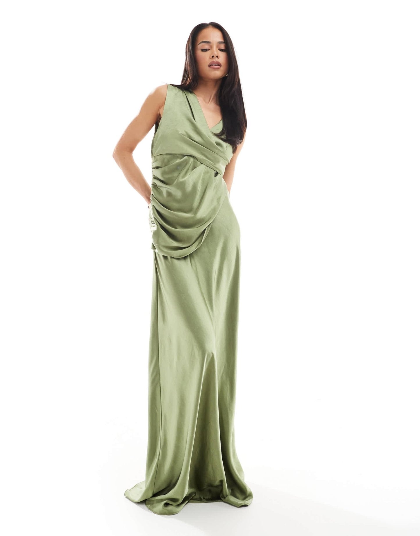 Six Stories Bridesmaid gathered overlay satin maxi dress in moss green - ASOS Sample Sale