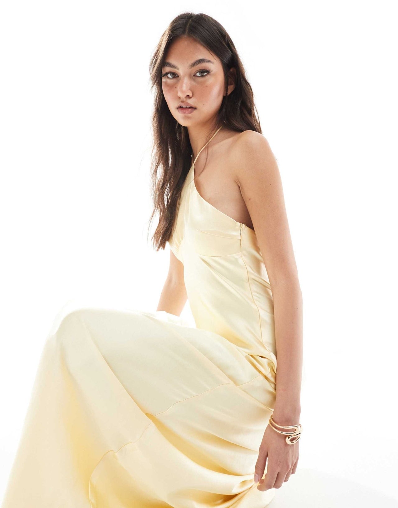 Six Stories Bridesmaid halter neck satin maxi dress in lemon - ASOS Sample Sale