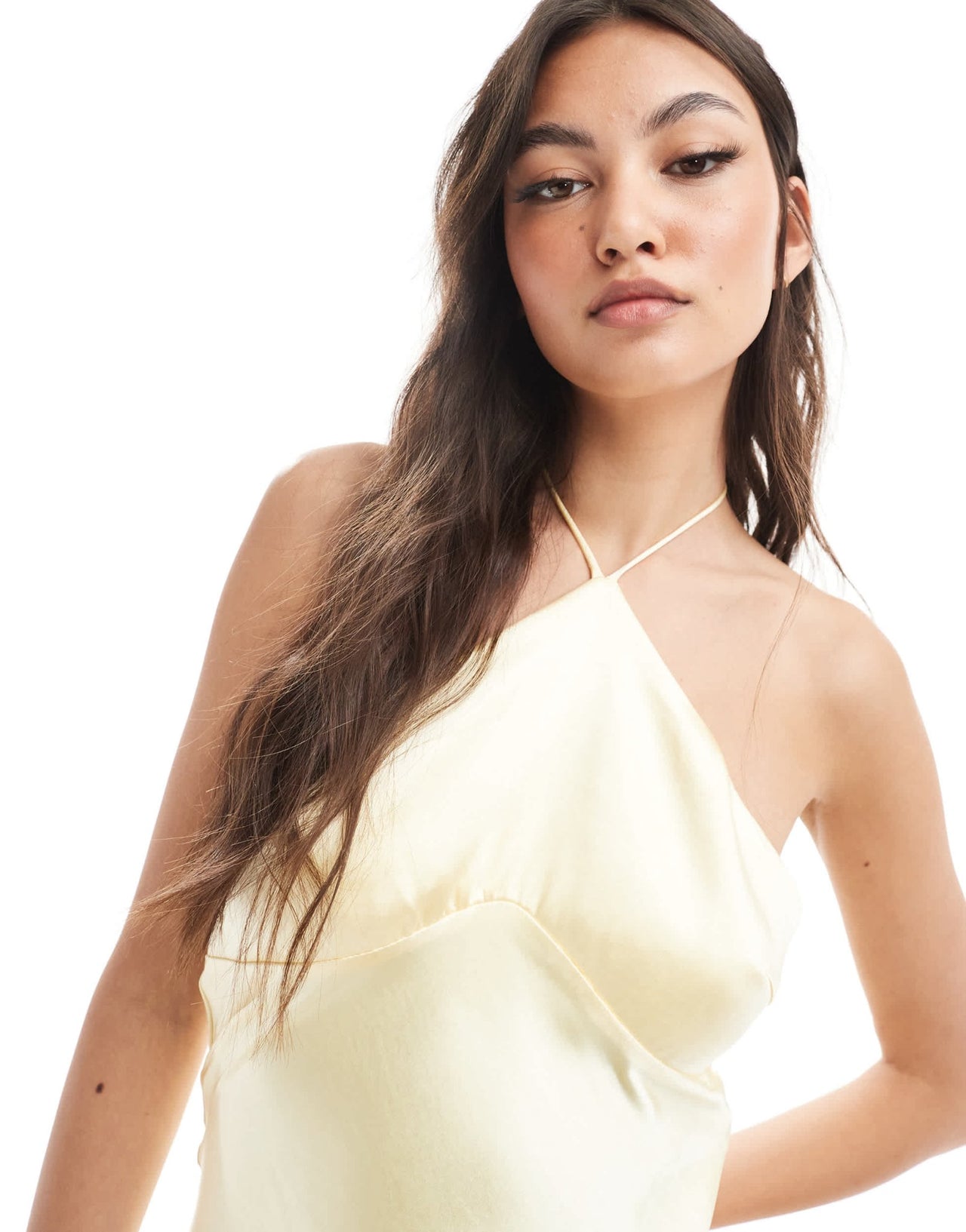 Six Stories Bridesmaid halter neck satin maxi dress in lemon - ASOS Sample Sale