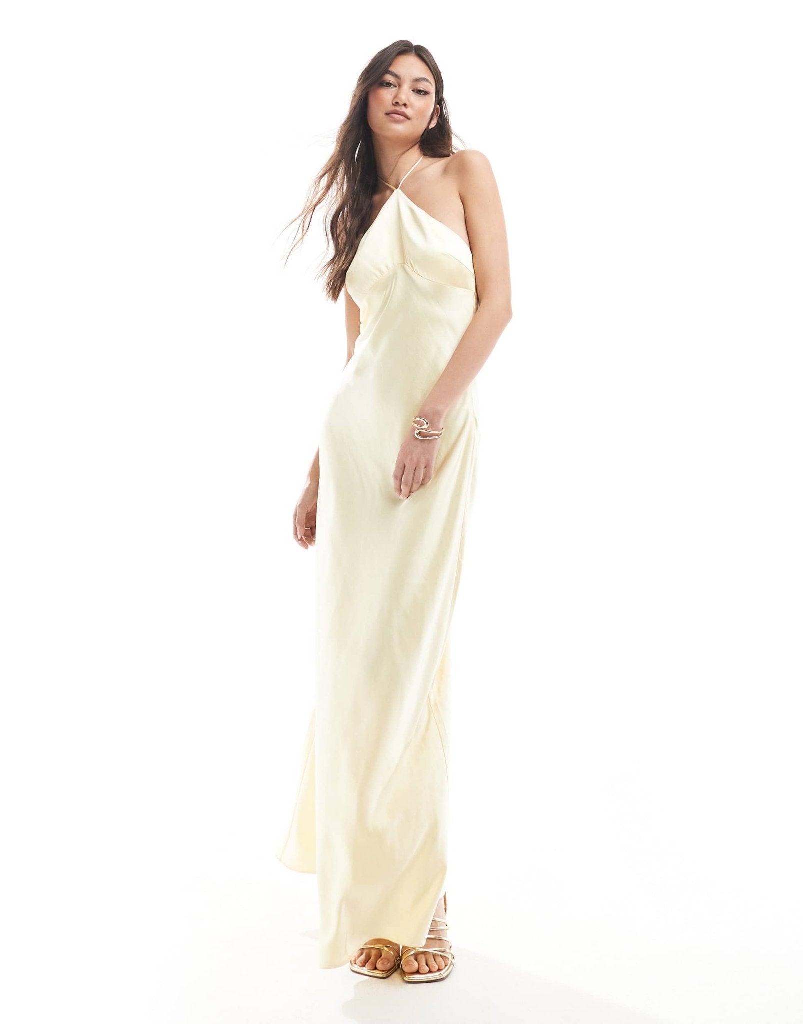 Six Stories Bridesmaid halter neck satin maxi dress in lemon - ASOS Sample Sale