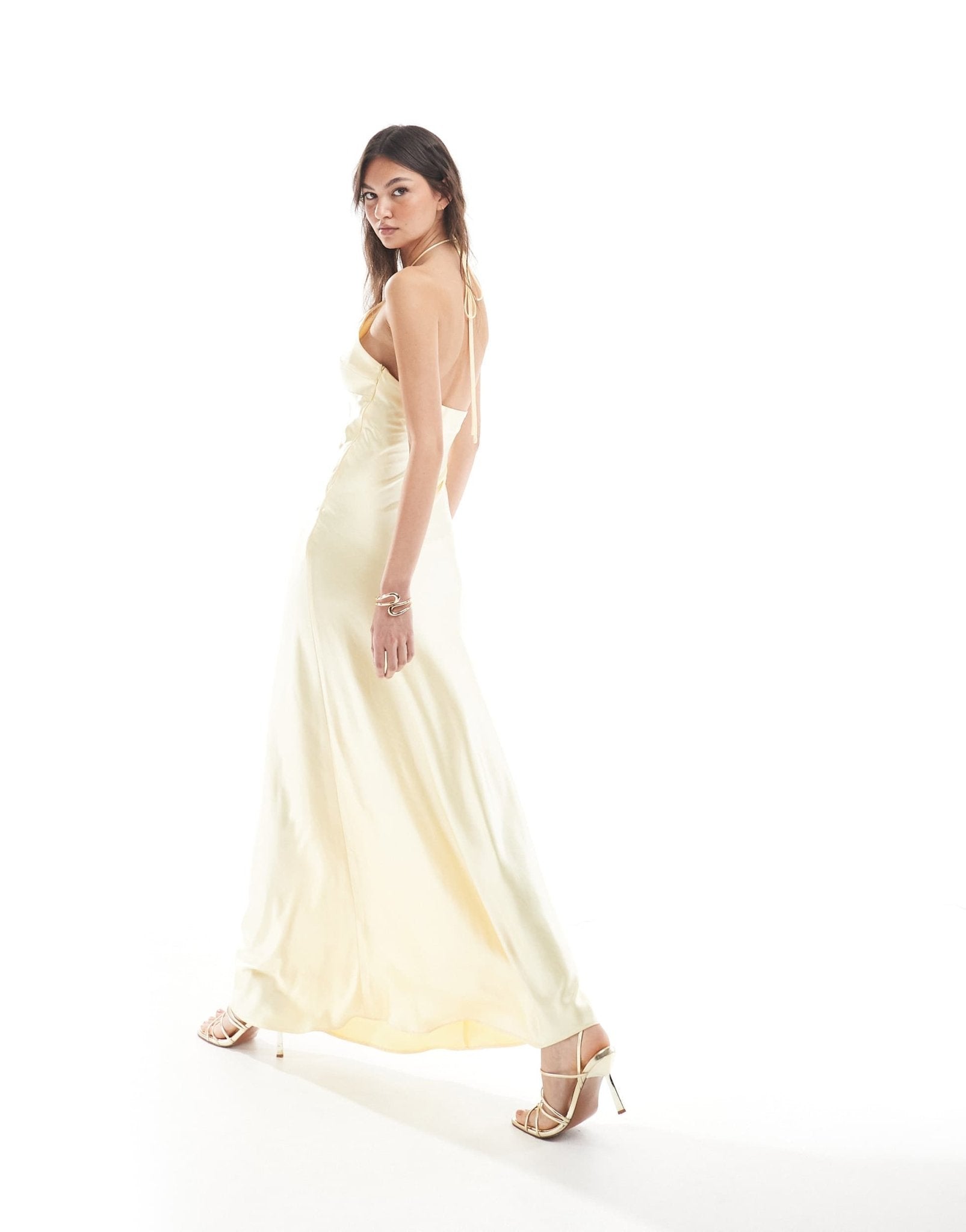 Six Stories Bridesmaid halter neck satin maxi dress in lemon - ASOS Sample Sale