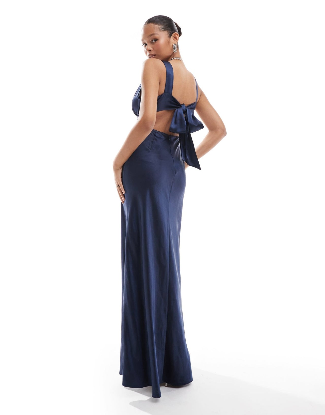 Six Stories Bridesmaids bow back satin maxi dress in navy - ASOS Sample Sale