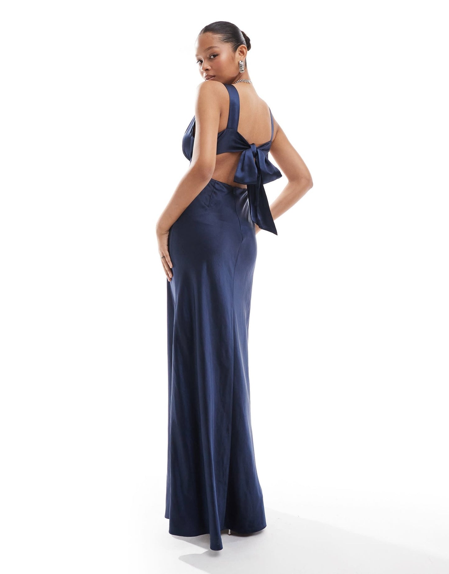 Six Stories Bridesmaids bow back satin maxi dress in navy - ASOS Sample Sale