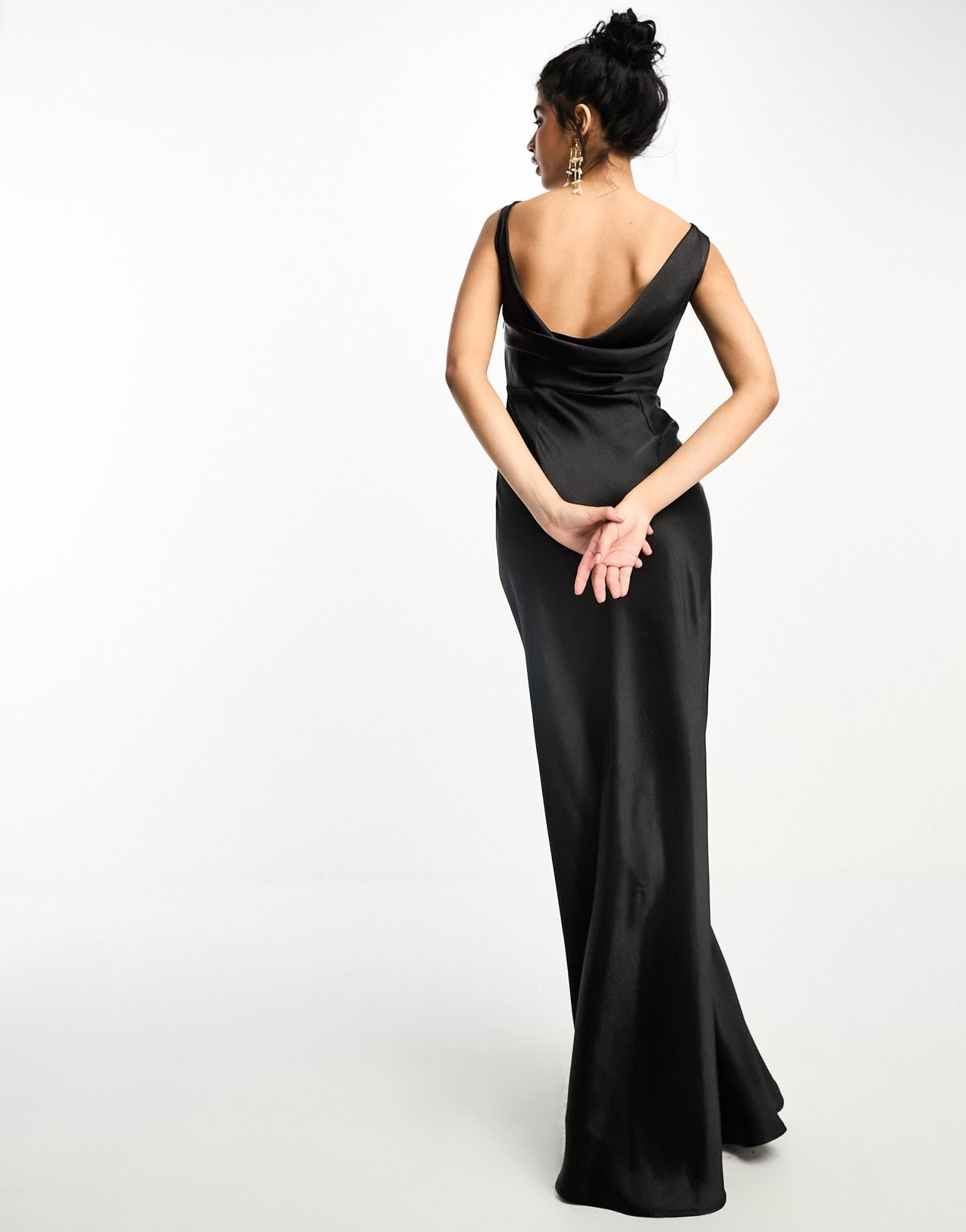 Six Stories Bridesmaids cowl back satin maxi dress in black - ASOS Sample Sale