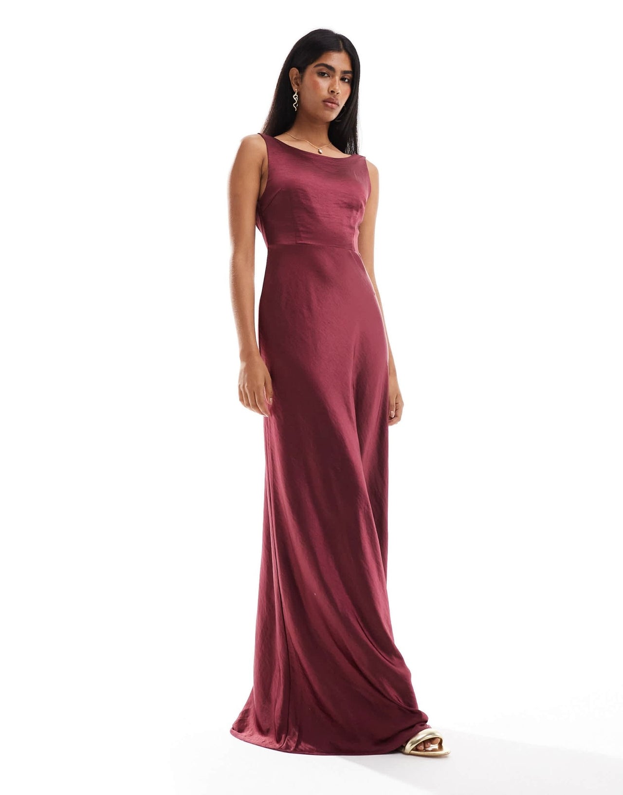 Six Stories Bridesmaids cowl back satin maxi dress in burgundy - ASOS Sample Sale