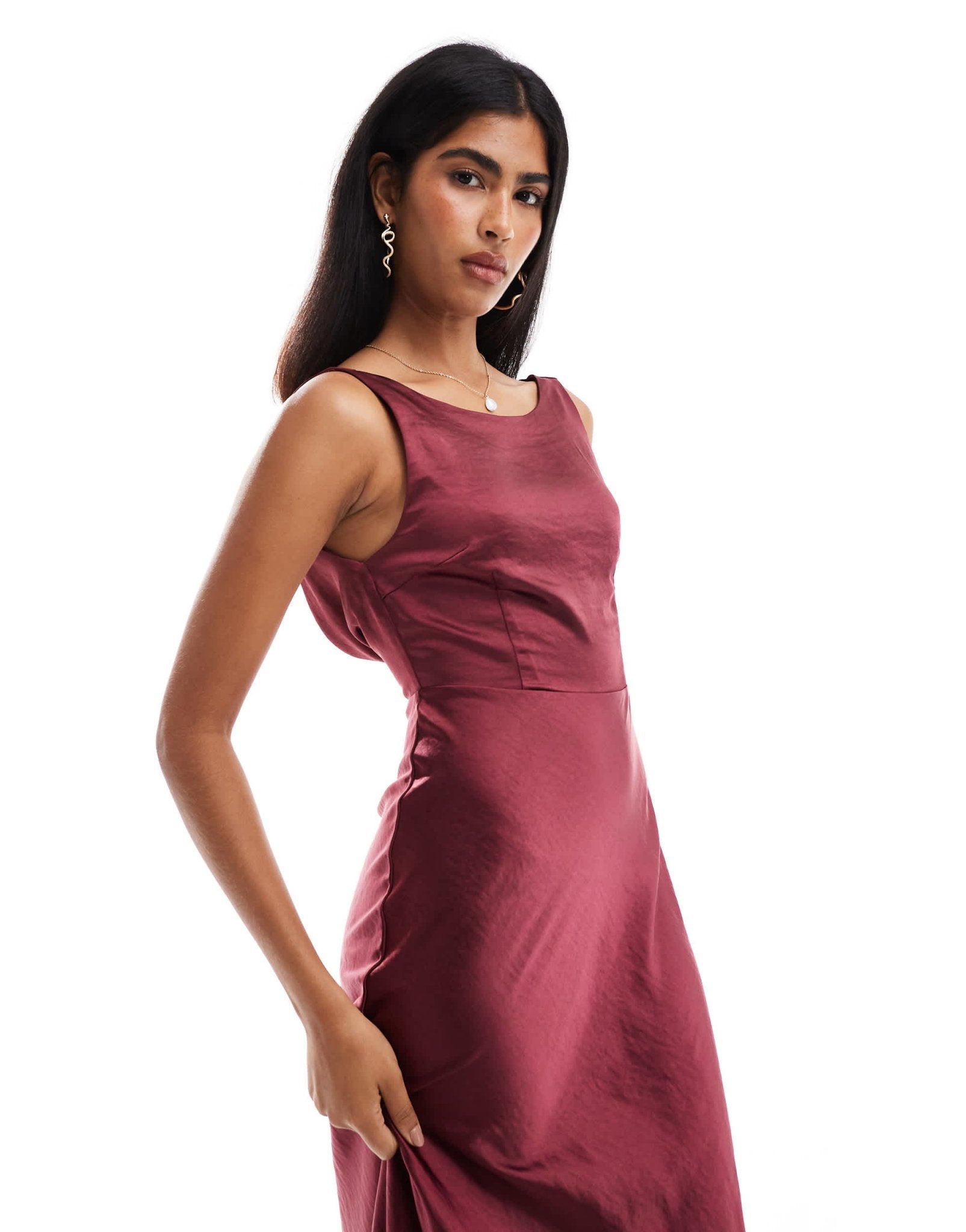 Six Stories Bridesmaids cowl back satin maxi dress in burgundy - ASOS Sample Sale