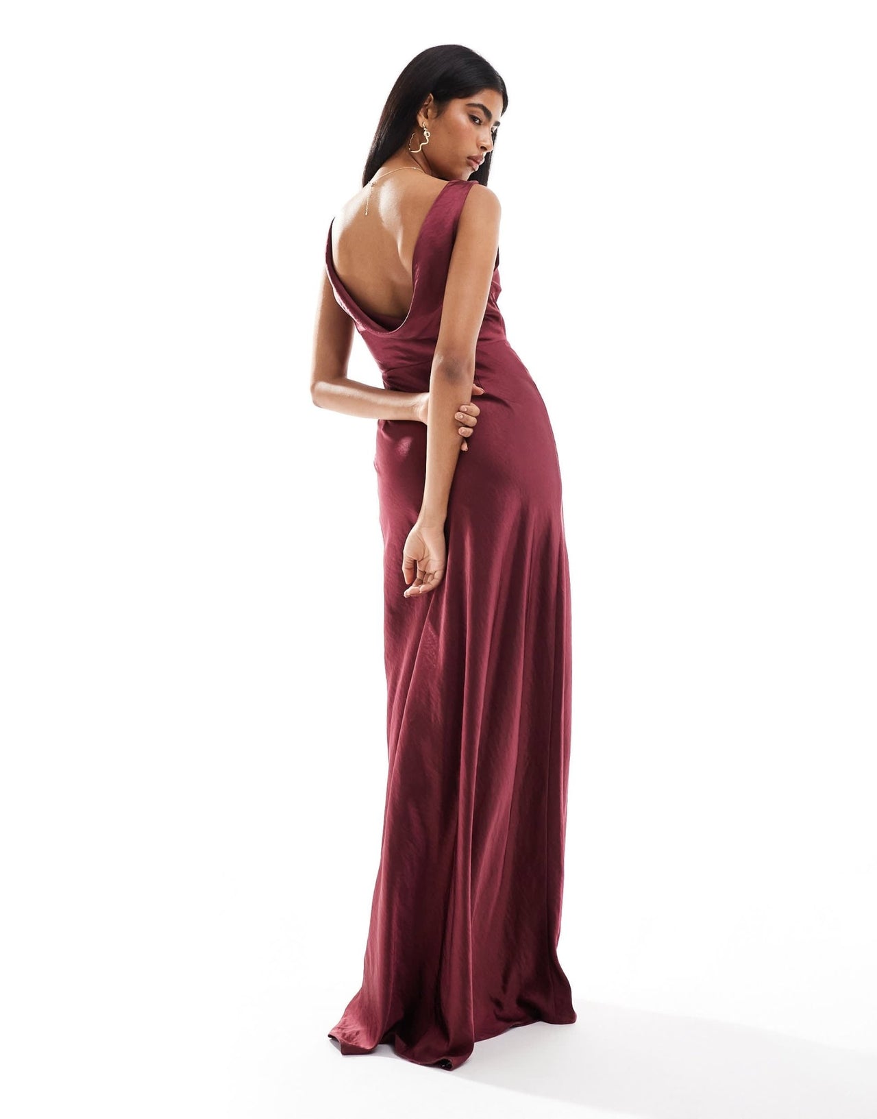 Six Stories Bridesmaids cowl back satin maxi dress in burgundy - ASOS Sample Sale
