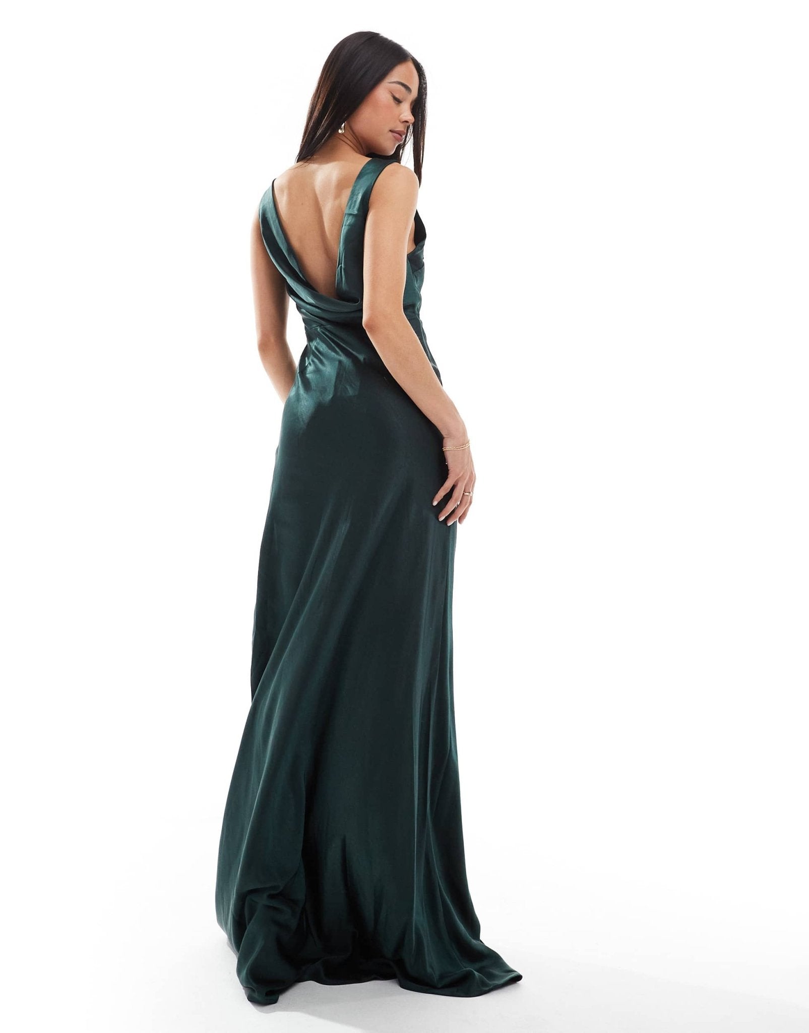 Six Stories Bridesmaids cowl back satin maxi dress in emerald - ASOS Sample Sale