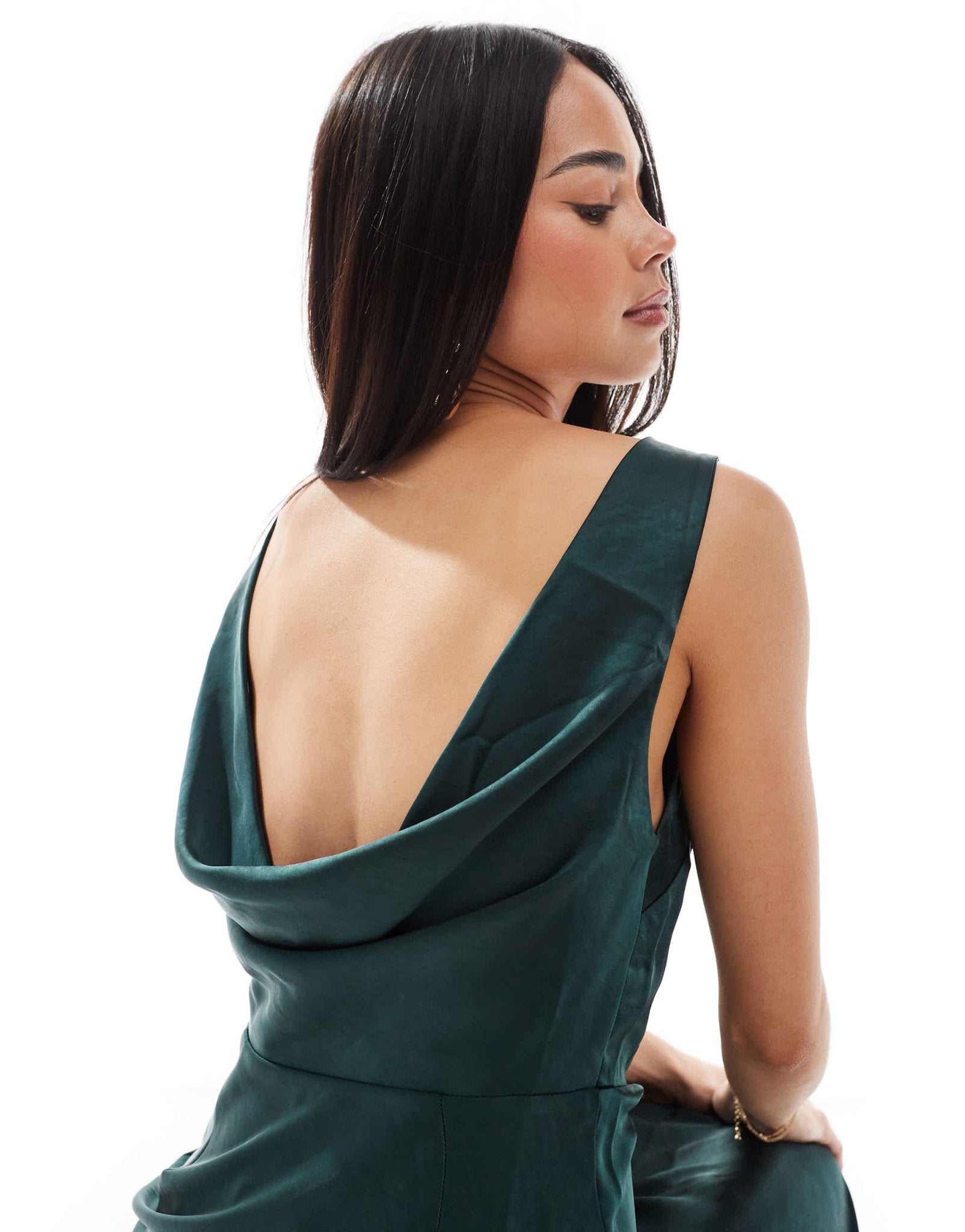 Six Stories Bridesmaids cowl back satin maxi dress in emerald - ASOS Sample Sale