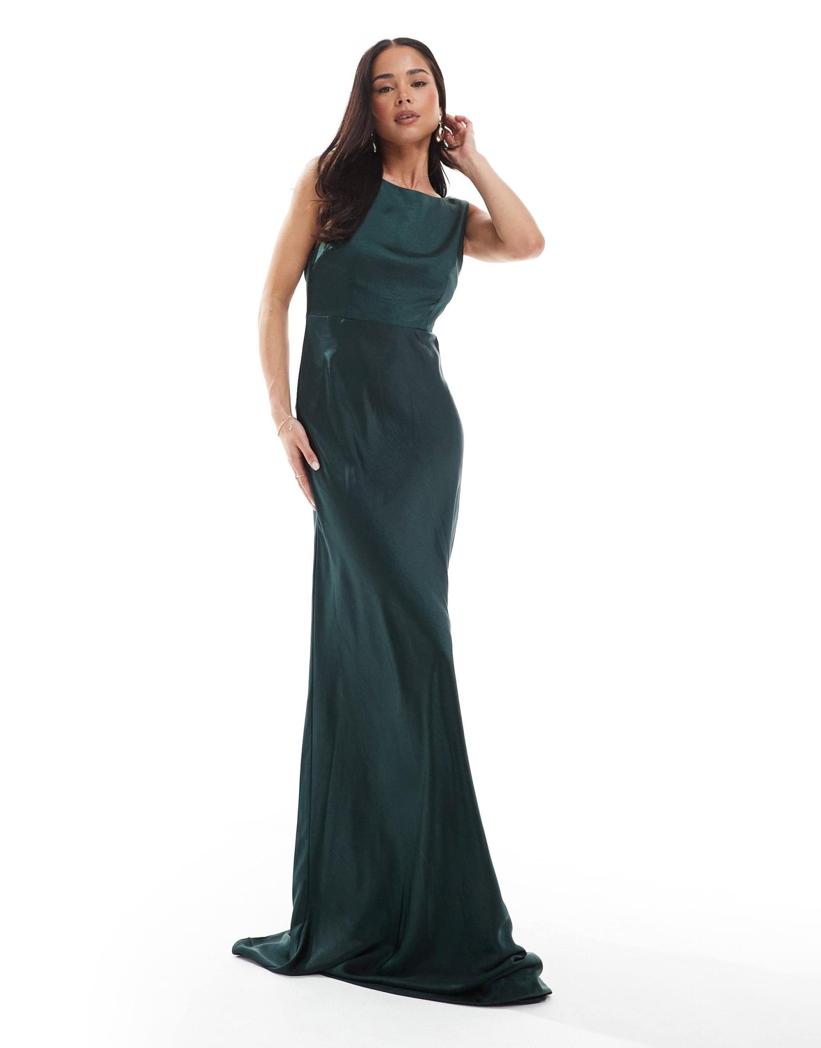 Six Stories Bridesmaids cowl back satin maxi dress in emerald - ASOS Sample Sale