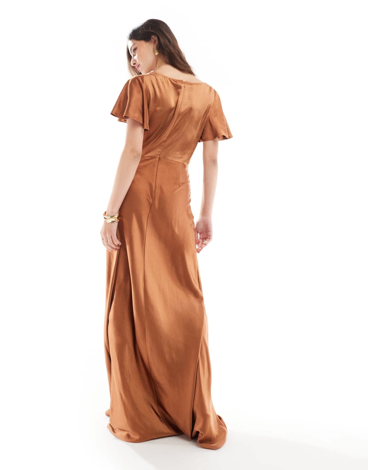 Six Stories Bridesmaids flutter sleeve satin maxi dress in rust - ASOS Sample Sale