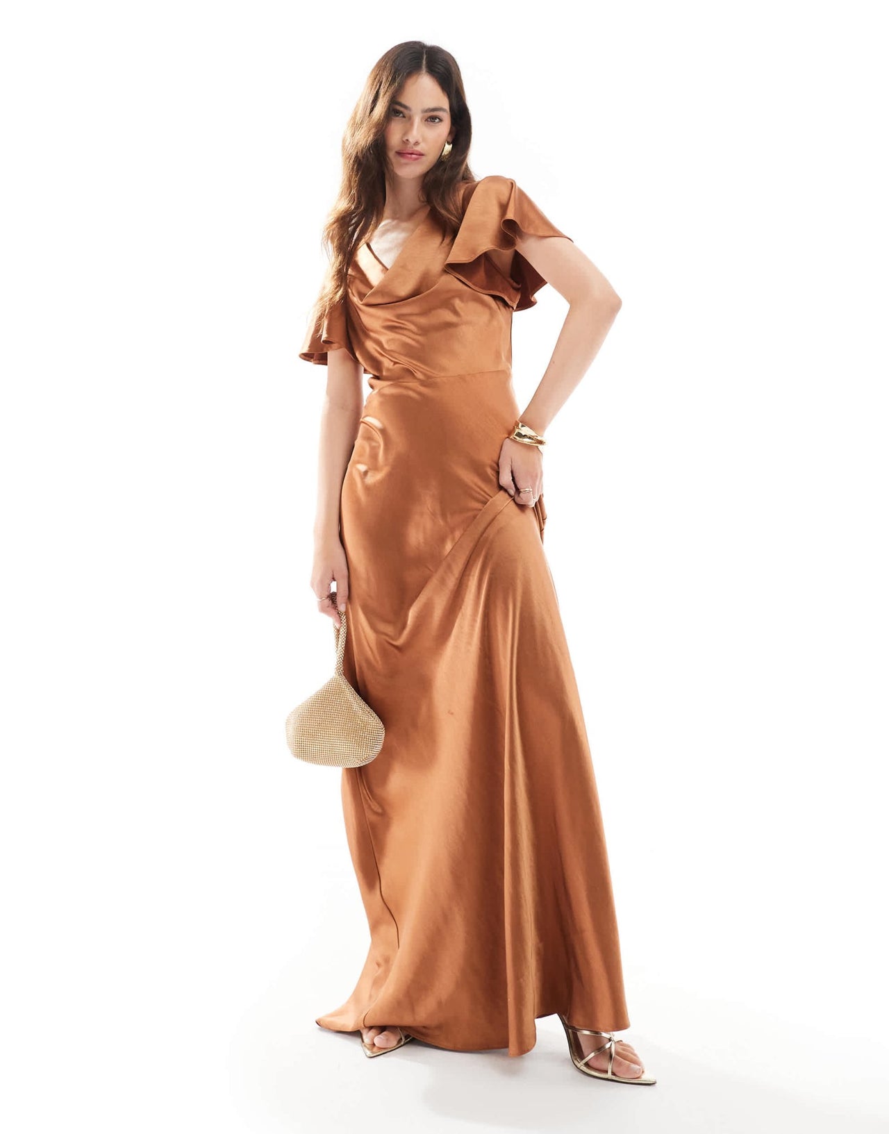 Six Stories Bridesmaids flutter sleeve satin maxi dress in rust - ASOS Sample Sale