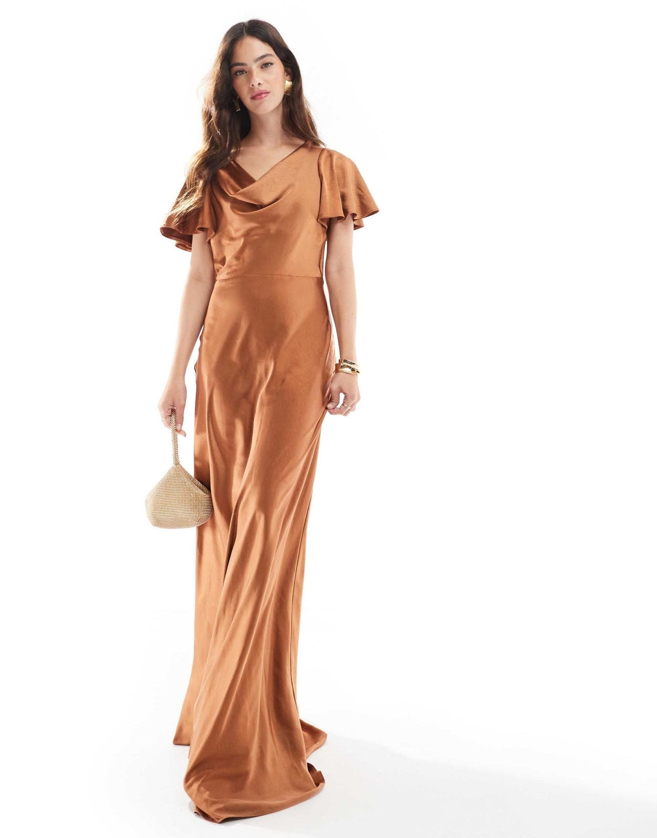 Six Stories Bridesmaids flutter sleeve satin maxi dress in rust - ASOS Sample Sale
