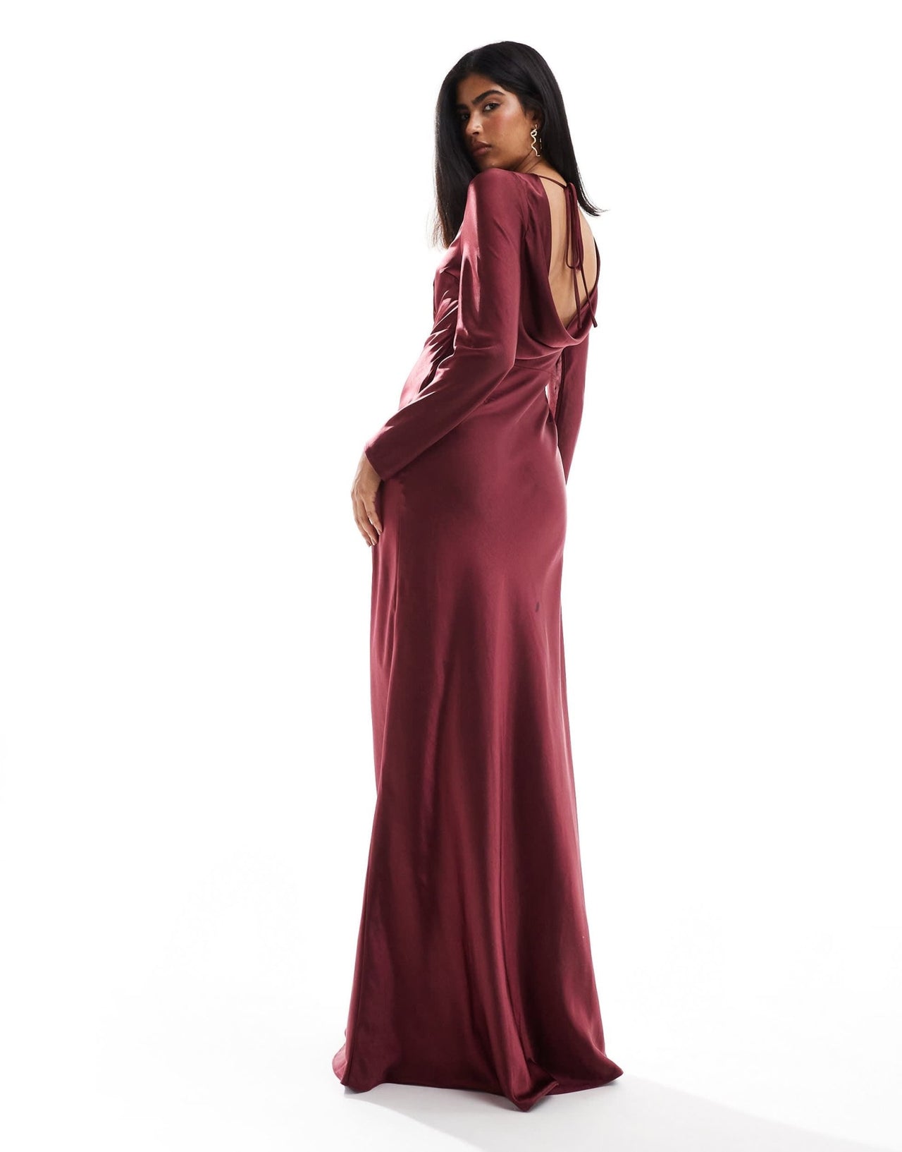 Six Stories Bridesmaids long sleeve cowl back satin maxi dress in burg –  ASOS Sample Sale
