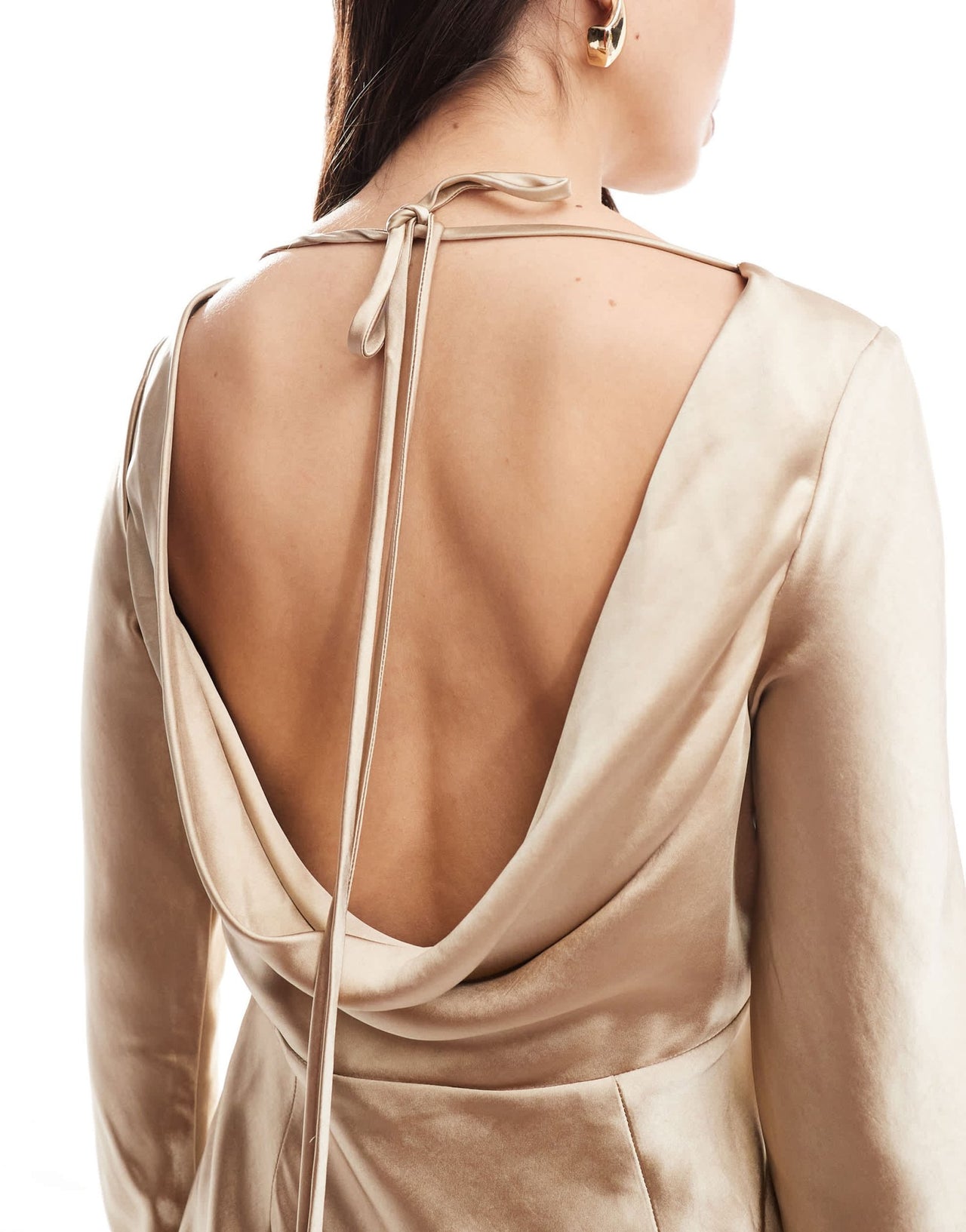 Six Stories Bridesmaids long sleeve cowl back satin maxi dress in gold - ASOS Sample Sale