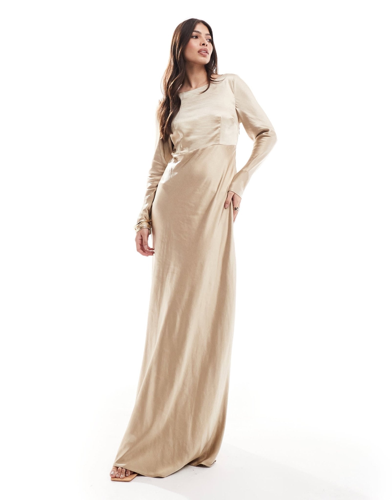 Six Stories Bridesmaids long sleeve cowl back satin maxi dress in gold - ASOS Sample Sale