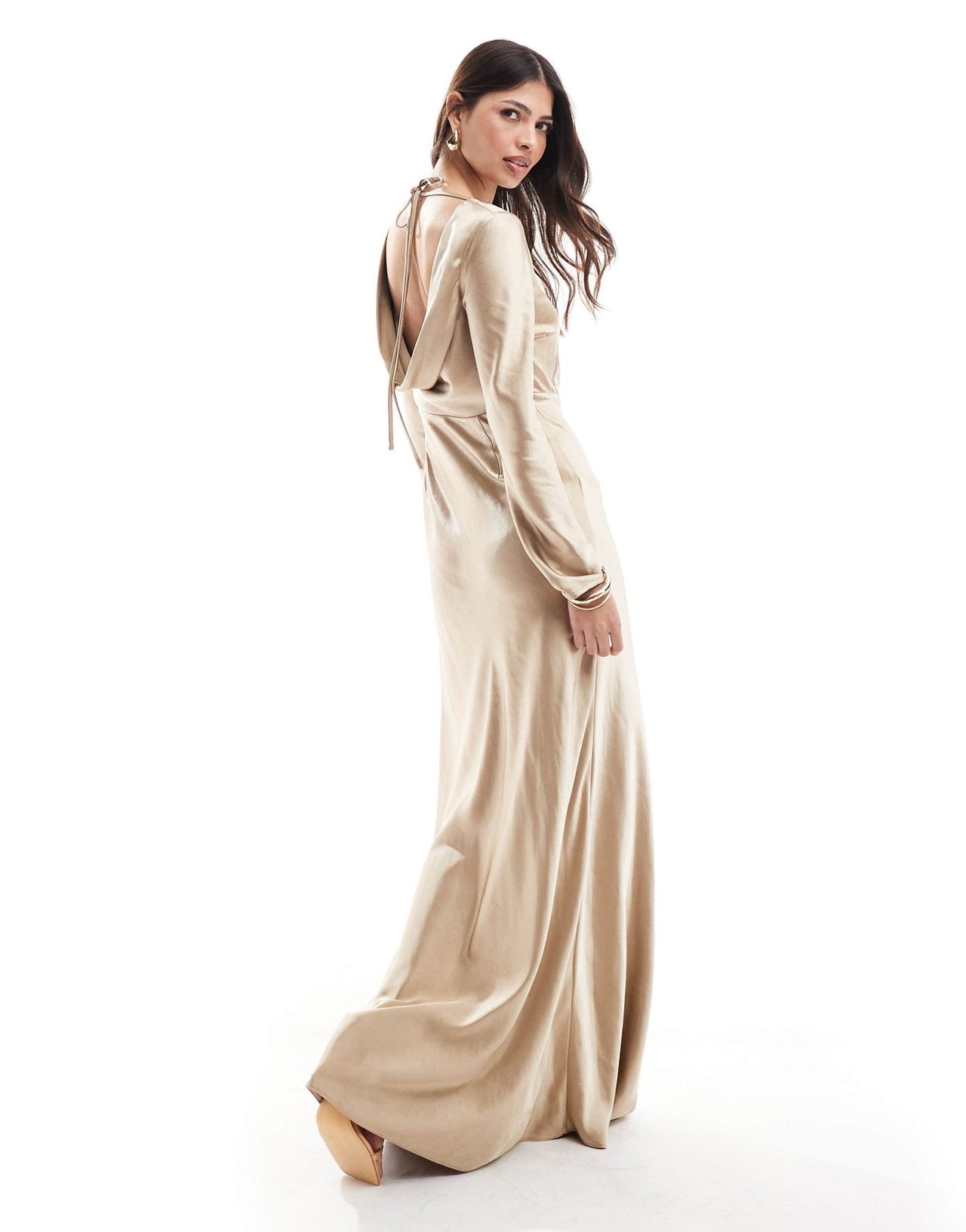 Six Stories Bridesmaids long sleeve cowl back satin maxi dress in gold - ASOS Sample Sale