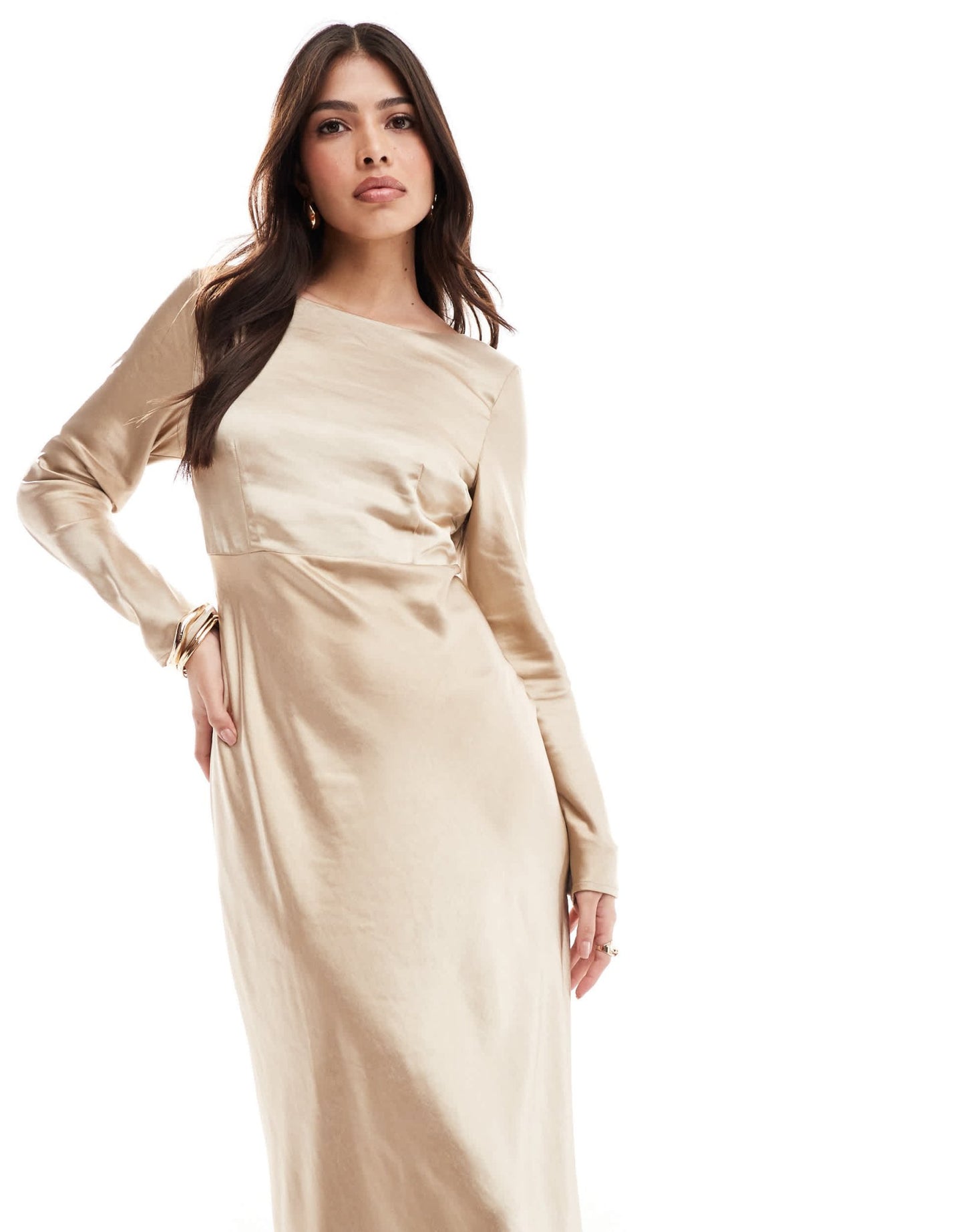 Six Stories Bridesmaids long sleeve cowl back satin maxi dress in gold - ASOS Sample Sale