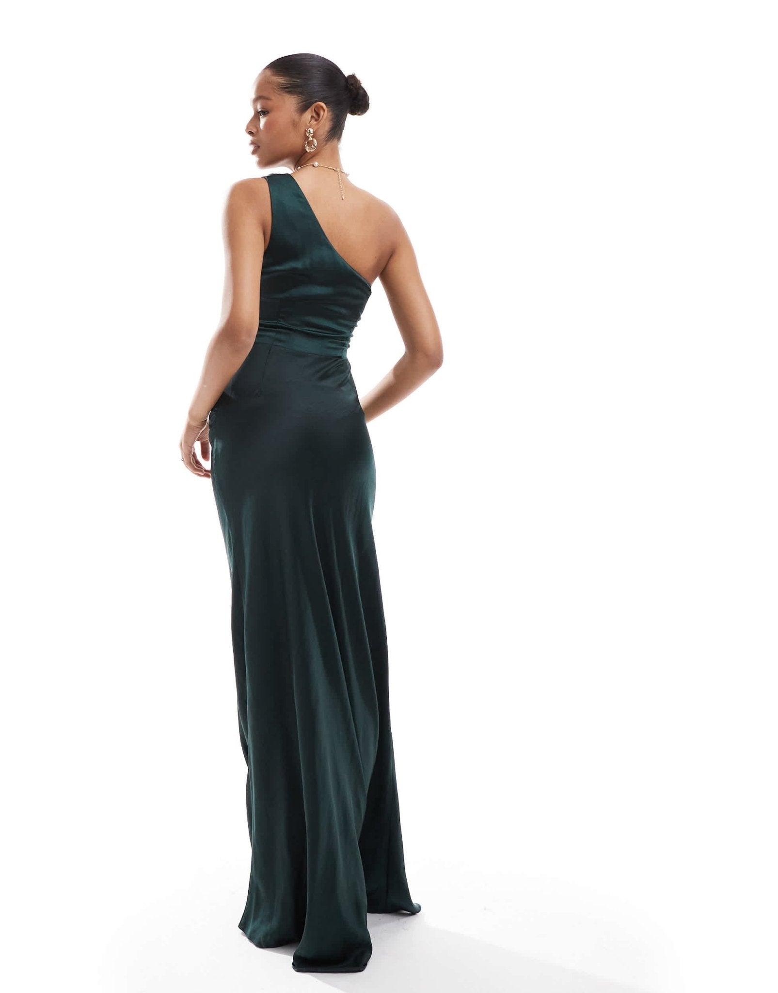 Six Stories Bridesmaids one shoulder satin maxi dress in emerald - ASOS Sample Sale