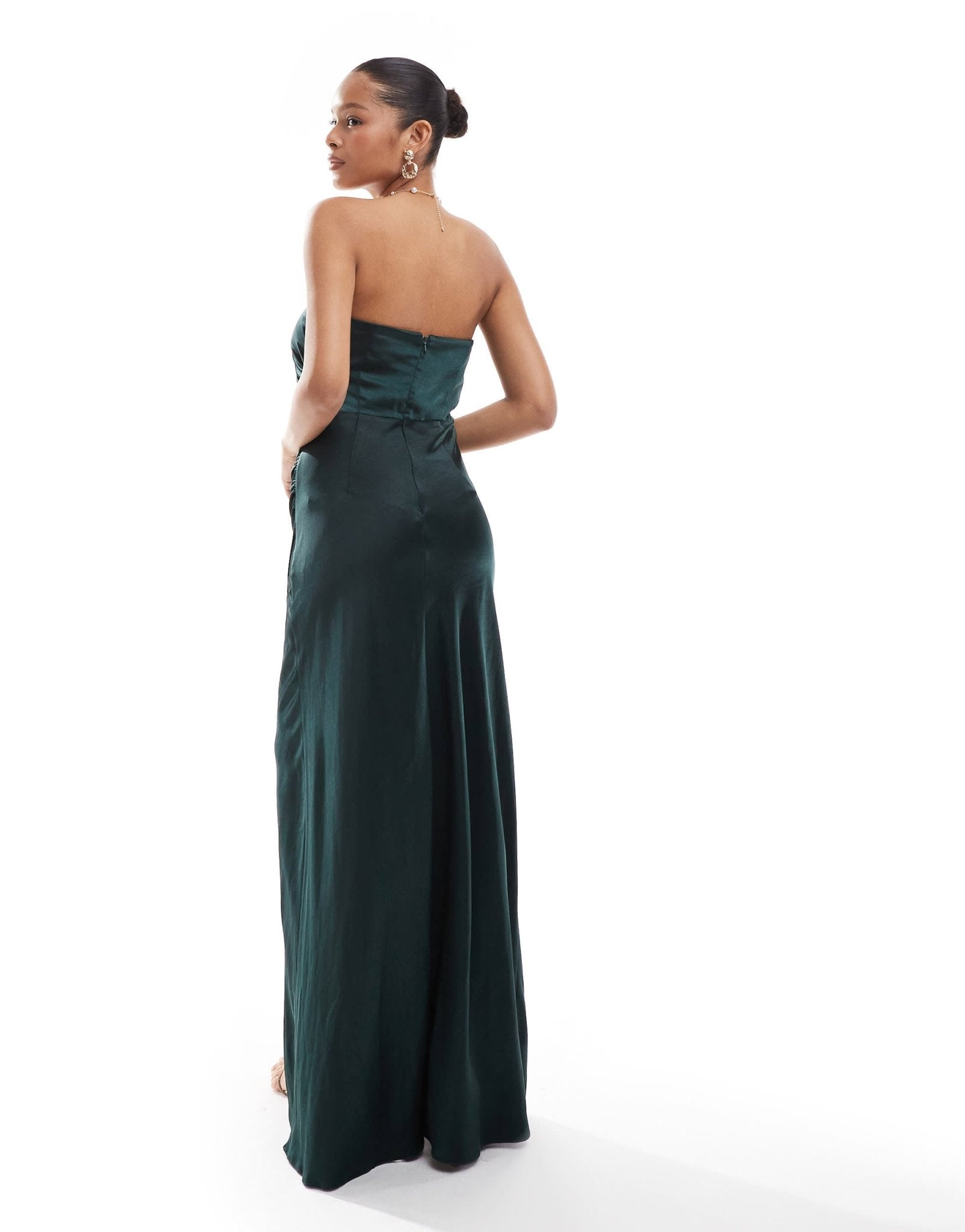 Six Stories Bridesmaids ruched satin bandeau maxi dress in emerald - ASOS Sample Sale