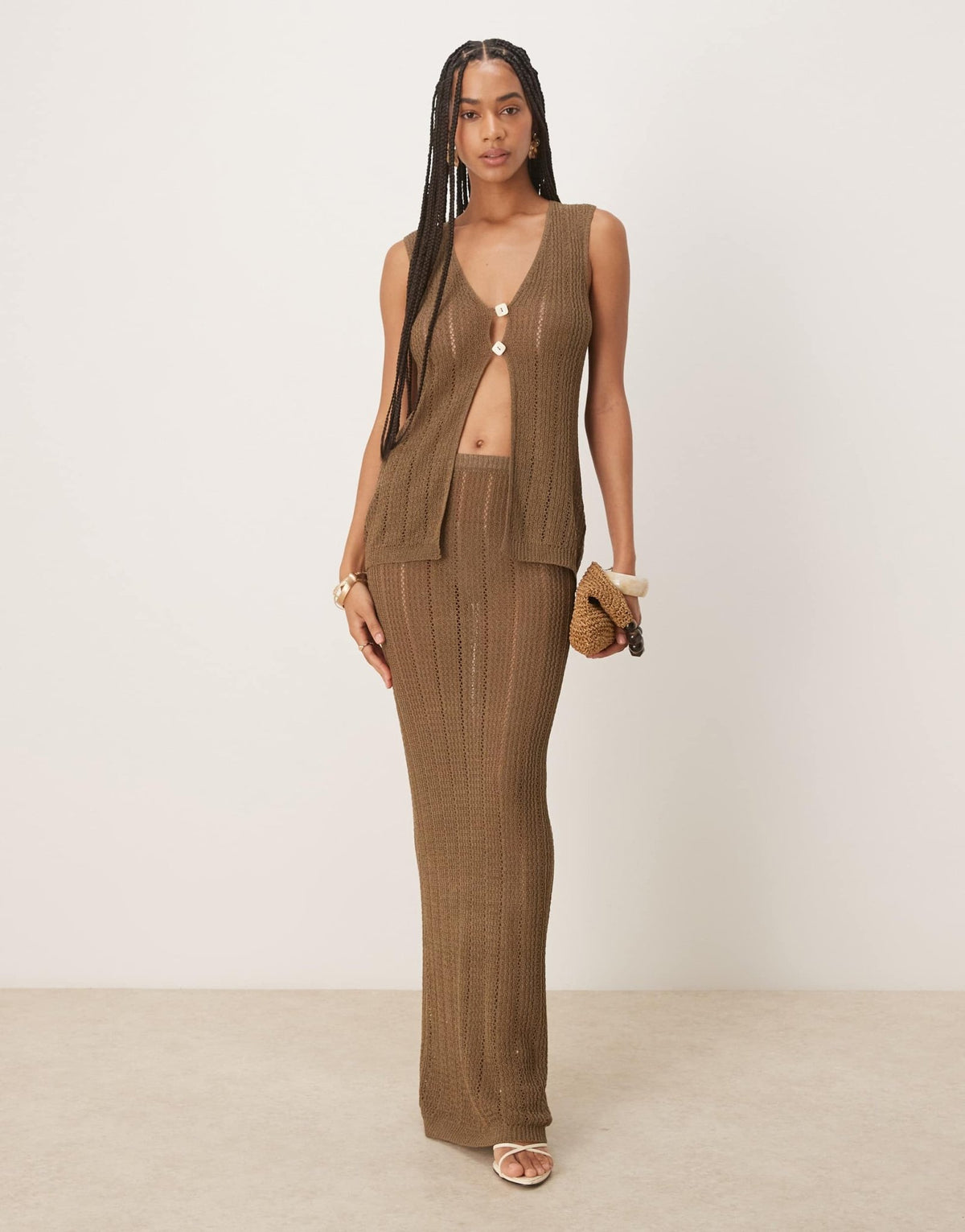 Six Stories crochet button vest top co-ord in mocha - ASOS Sample Sale
