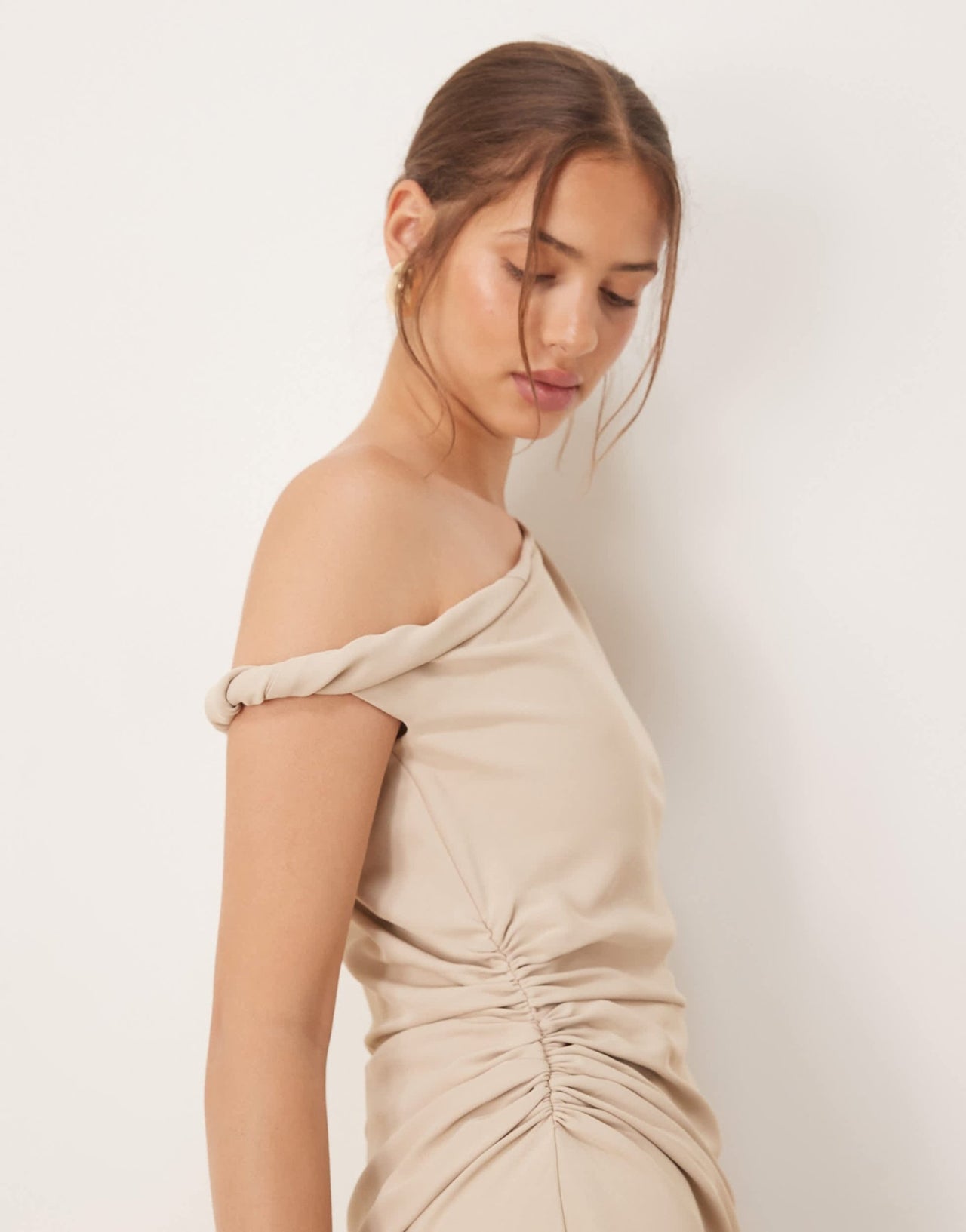 Six Stories exclusive asymmetric off shoulder maxi dress in stone - ASOS Sample Sale