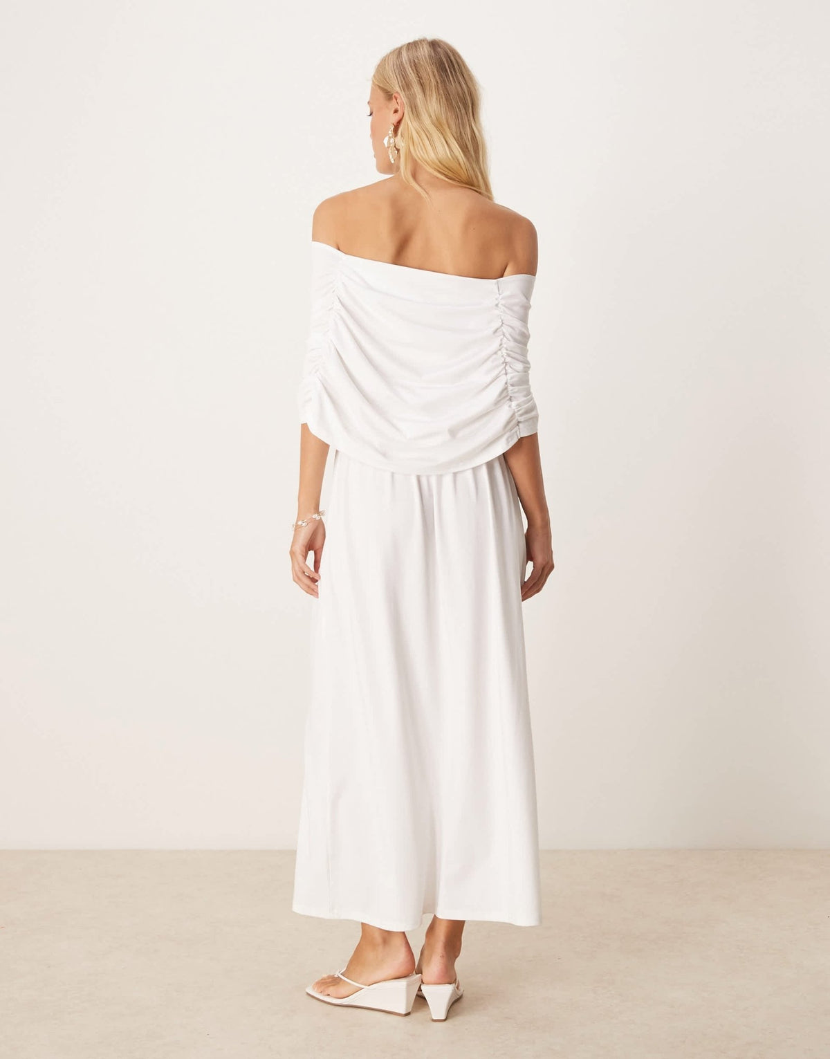 SNDYS bandeau drape shoulder detail drop waist maxi dress in white - ASOS Sample Sale