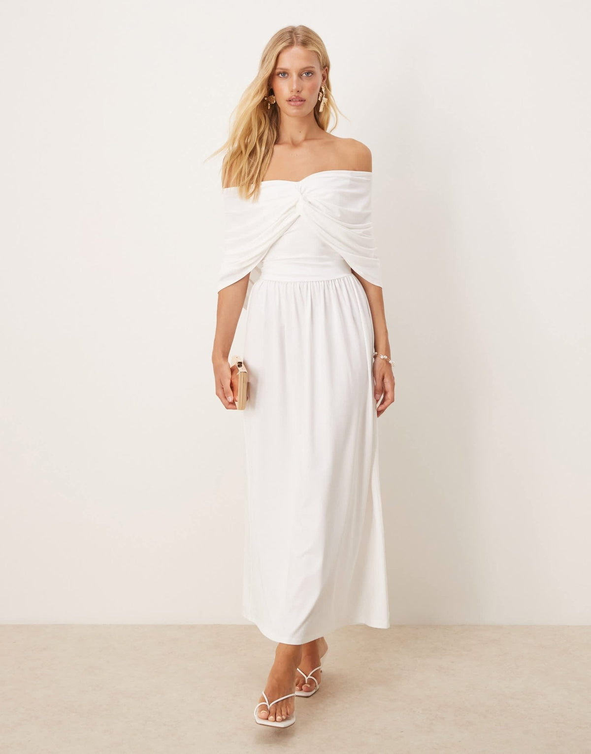 SNDYS bandeau drape shoulder detail drop waist maxi dress in white - ASOS Sample Sale