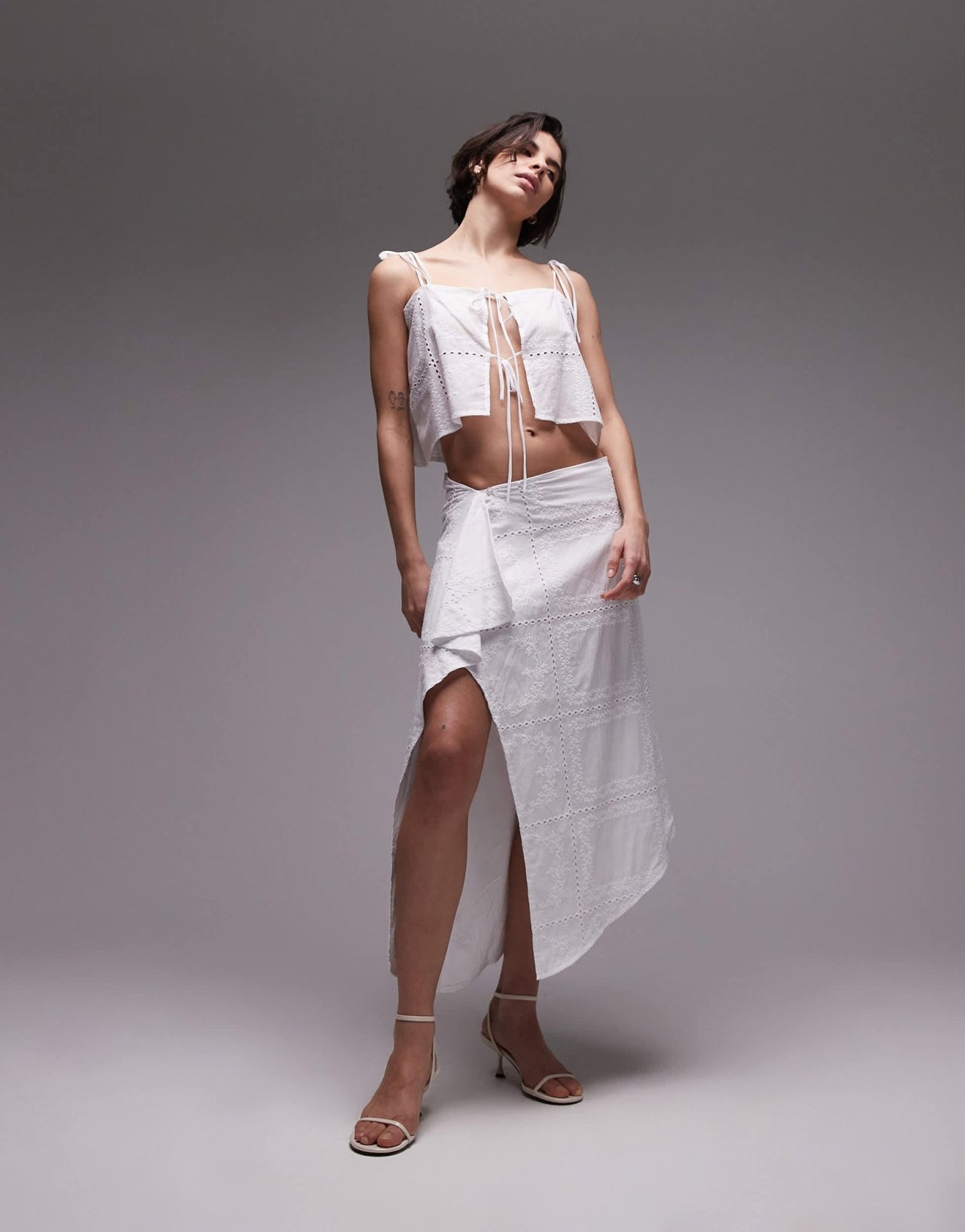 SNDYS cotton embroidered drape detail midaxi skirt co - ord in white - ASOS Sample Sale