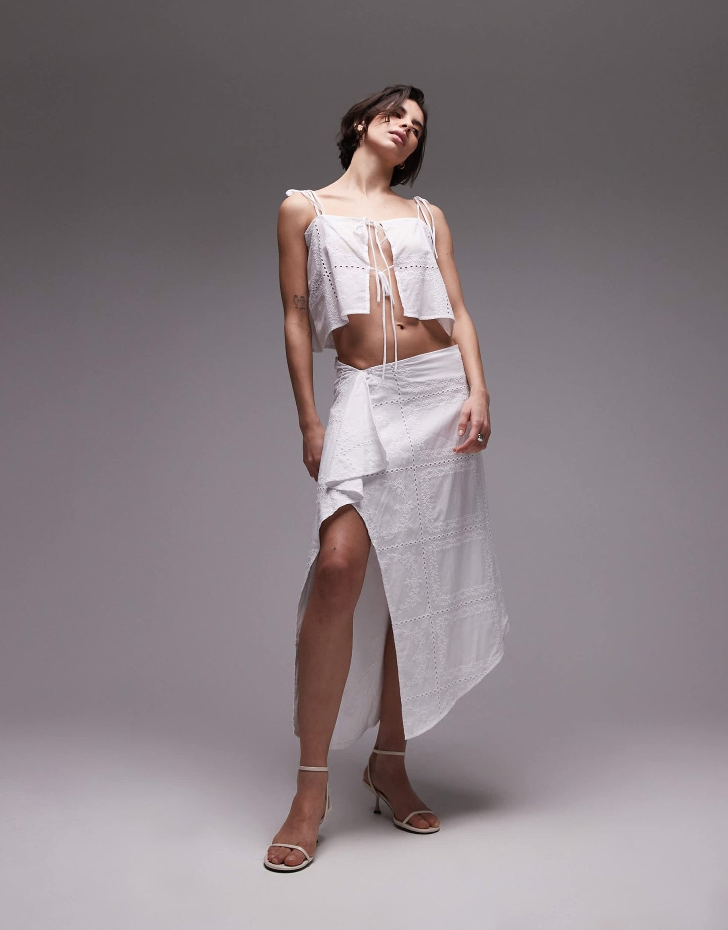 SNDYS cotton embroidered drape detail midaxi skirt co - ord in white - ASOS Sample Sale