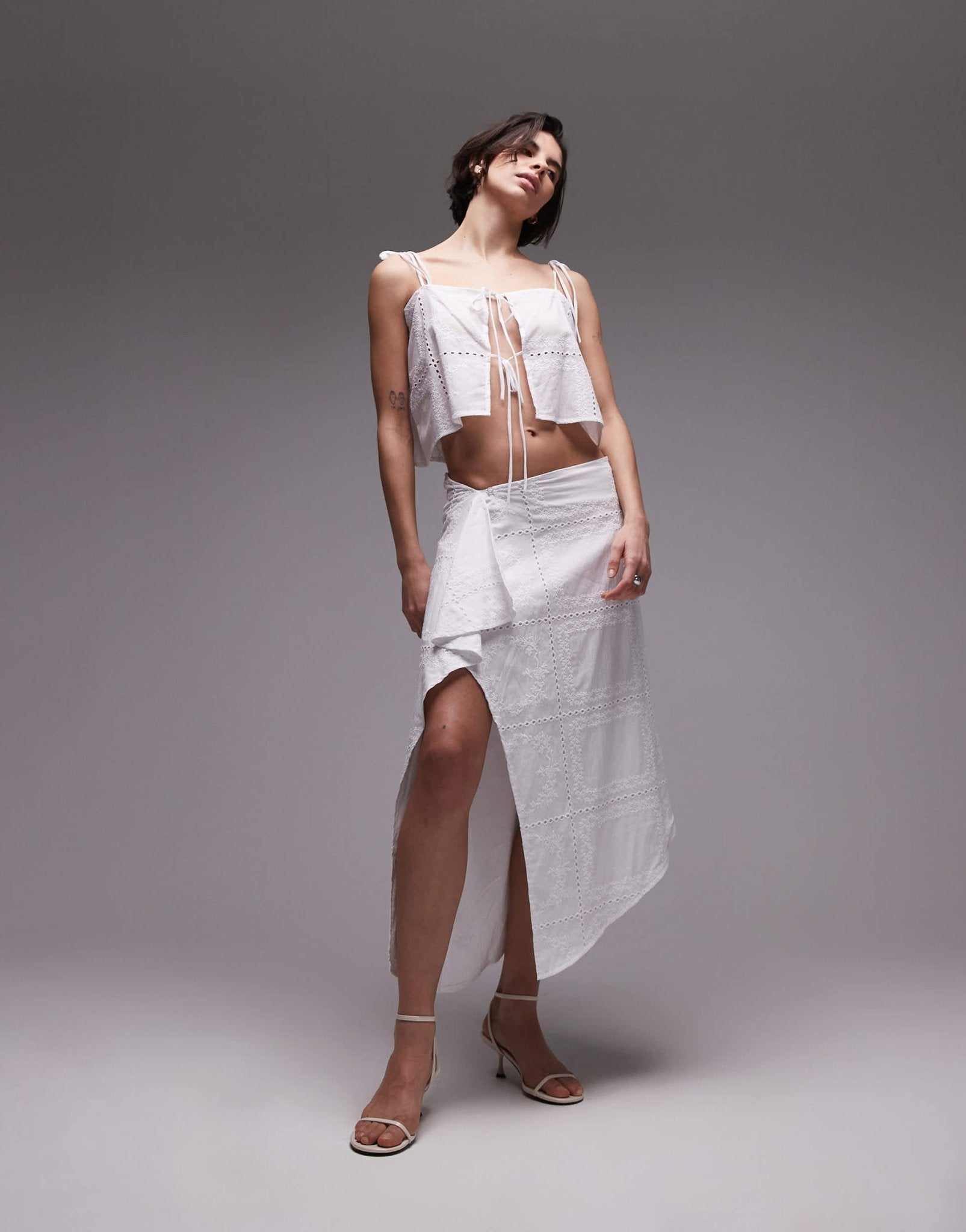 SNDYS cotton embroidered drape detail midaxi skirt co - ord in white - ASOS Sample Sale