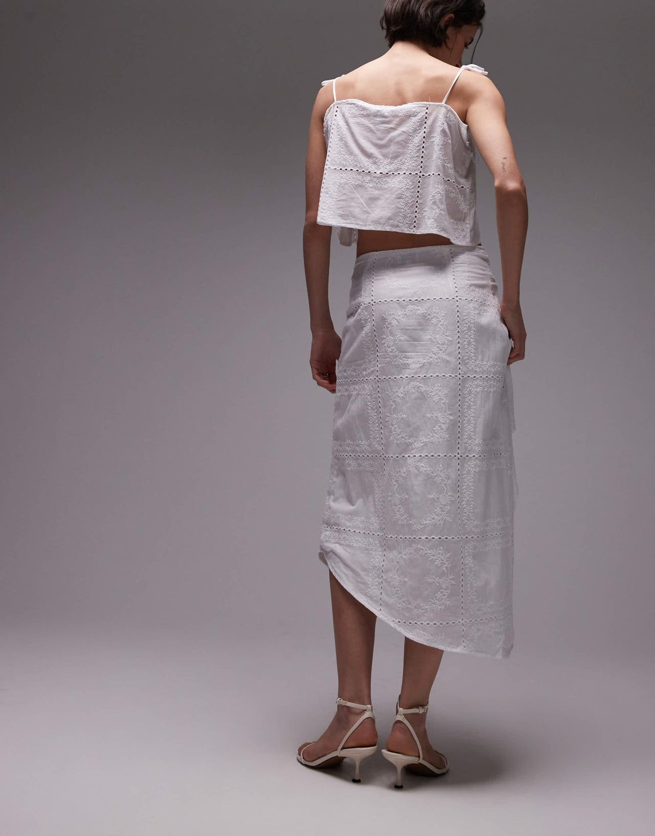SNDYS cotton embroidered drape detail midaxi skirt co - ord in white - ASOS Sample Sale