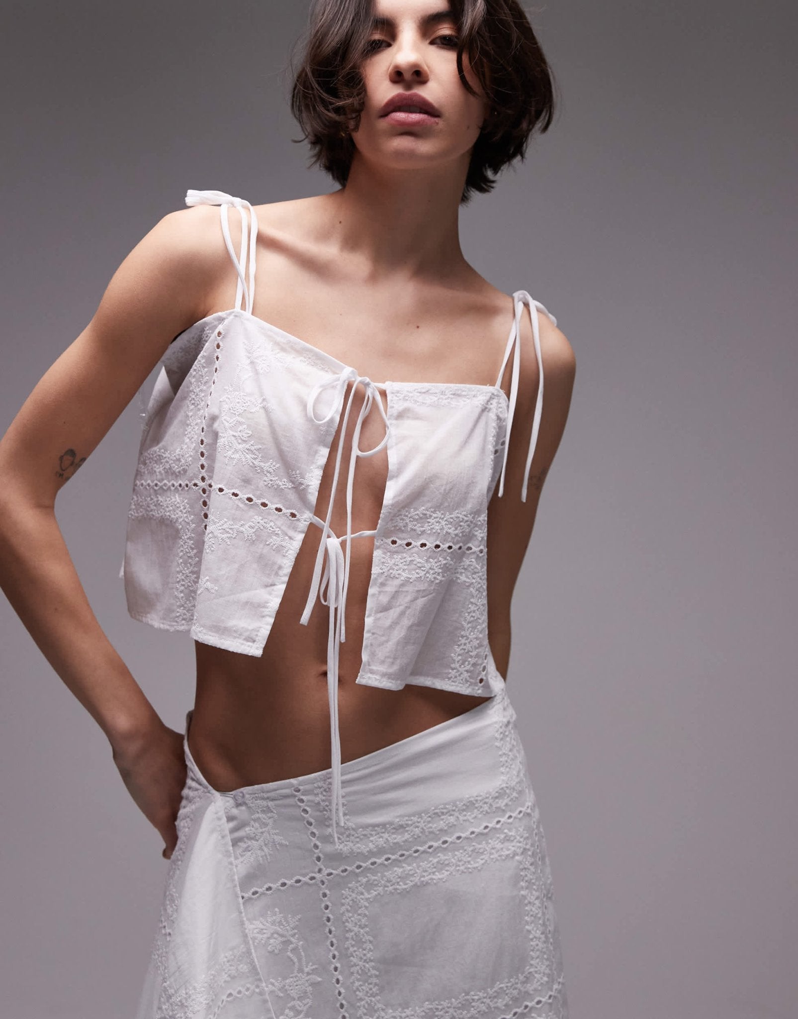 SNDYS cotton embroidered square neck cami tie front floaty top co-ord in white - ASOS Sample Sale
