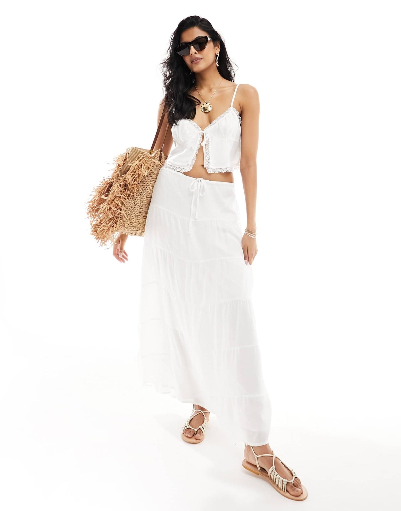 SNDYS cotton lace trim tie front cami top co - ord in white - ASOS Sample Sale