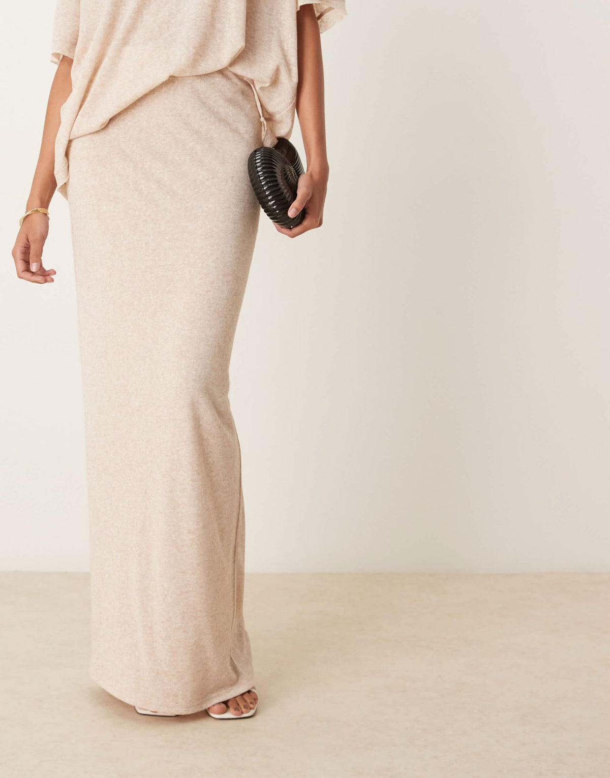 SNDYS fine knit high waisted maxi skirt co-ord in cream marl - ASOS Sample Sale