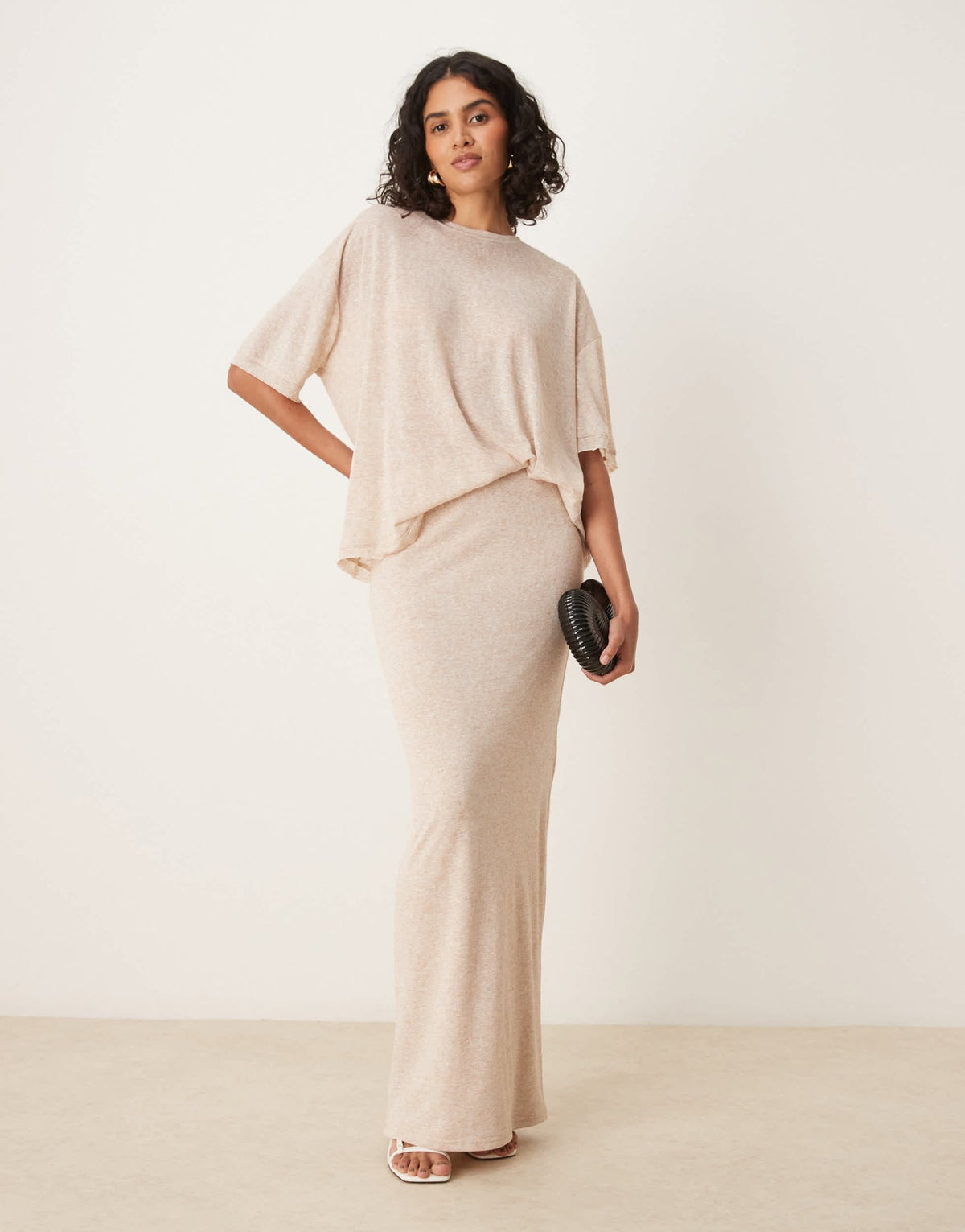 SNDYS fine knit high waisted maxi skirt co-ord in cream marl - ASOS Sample Sale