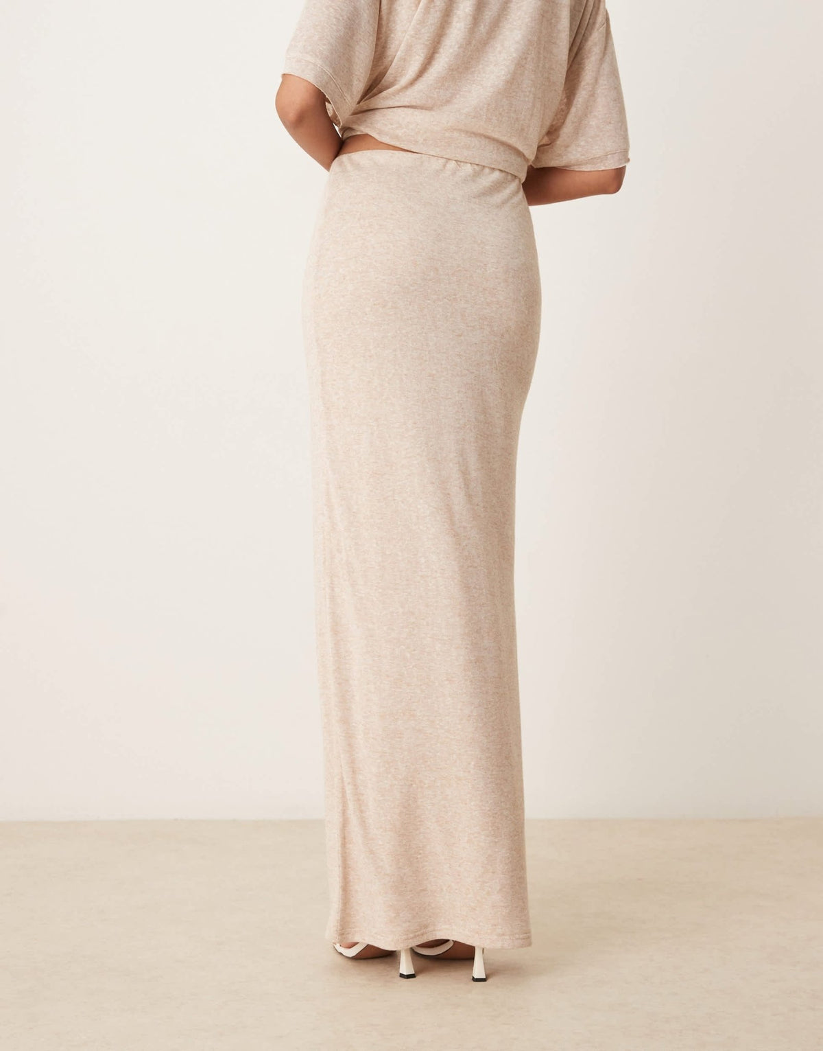 SNDYS fine knit high waisted maxi skirt co-ord in cream marl - ASOS Sample Sale