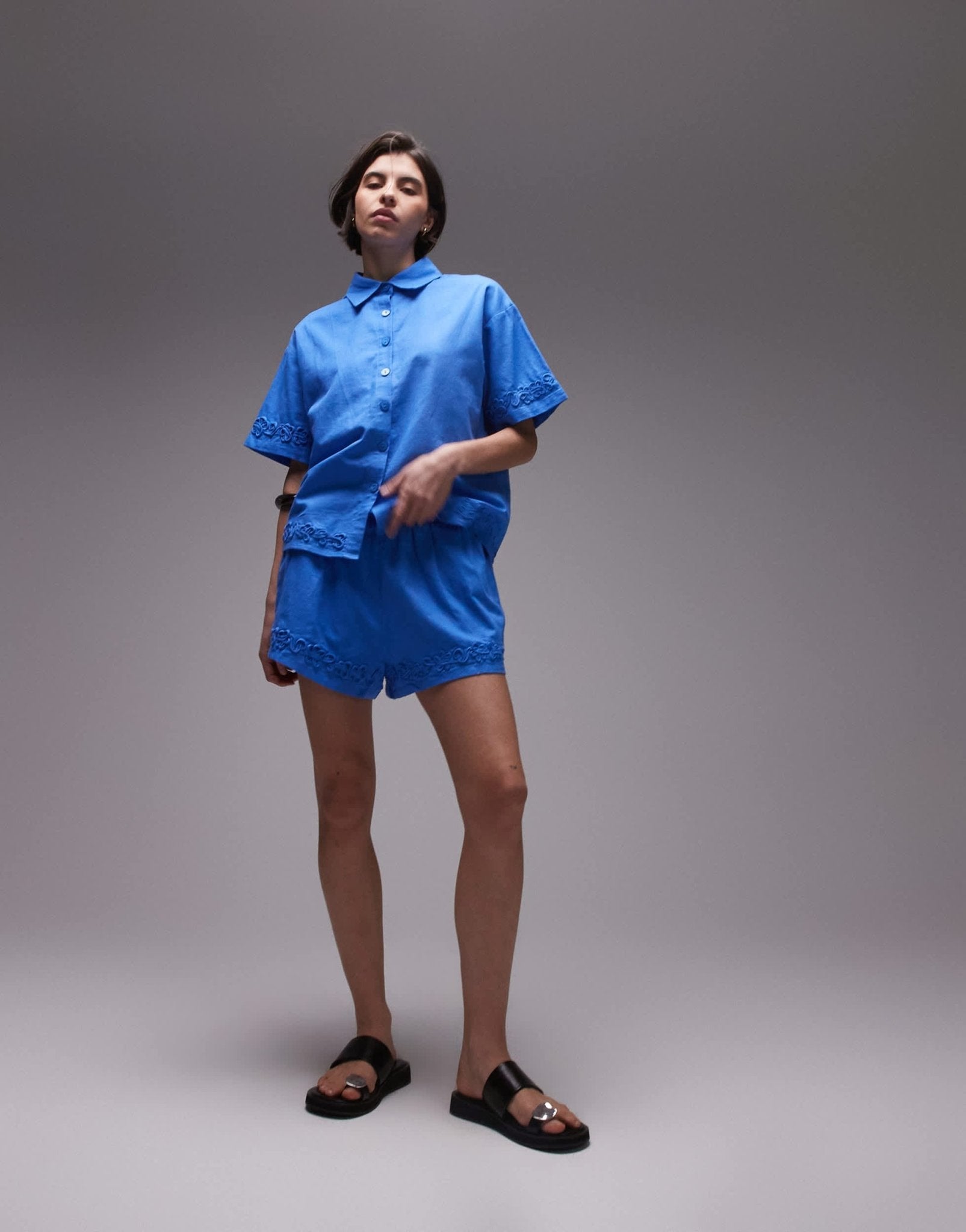 SNDYS linen blend flower applique detail shorts co - ord in bright blue - ASOS Sample Sale