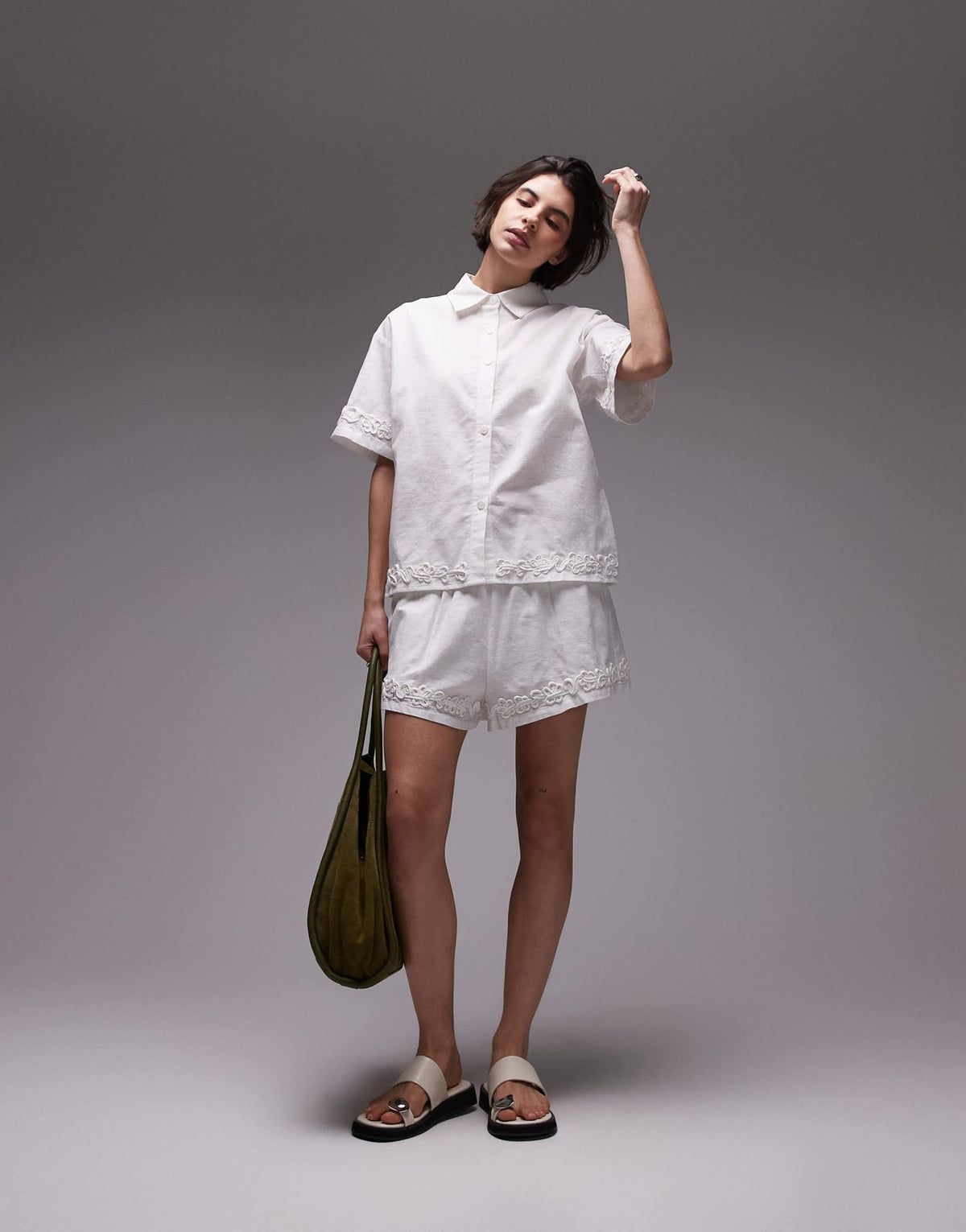 SNDYS linen blend flower applique detail shorts co-ord in white - ASOS Sample Sale
